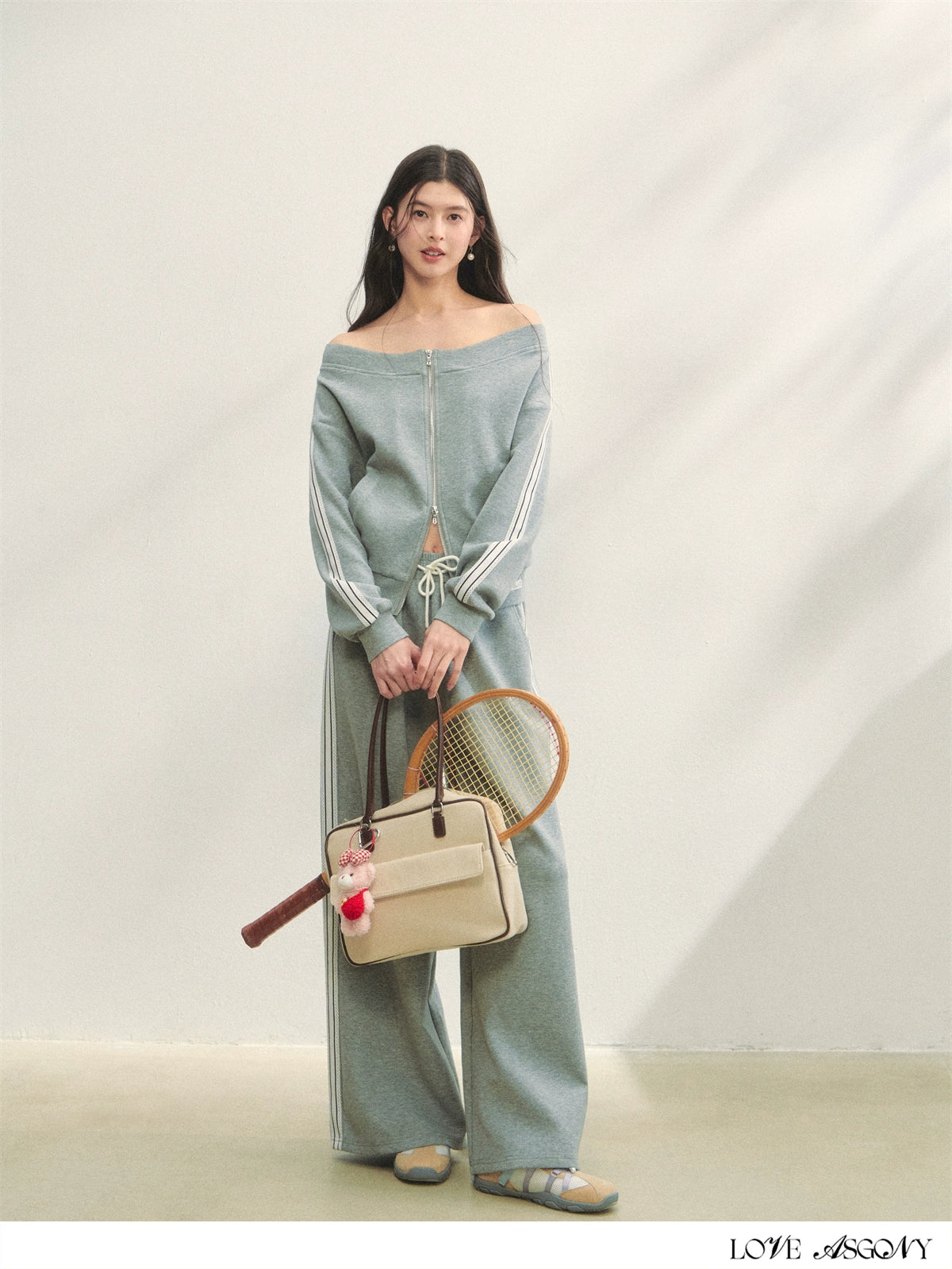 Off-Shoulder Zip-up Sweatshirt & Pants Set - CHINASQUAD