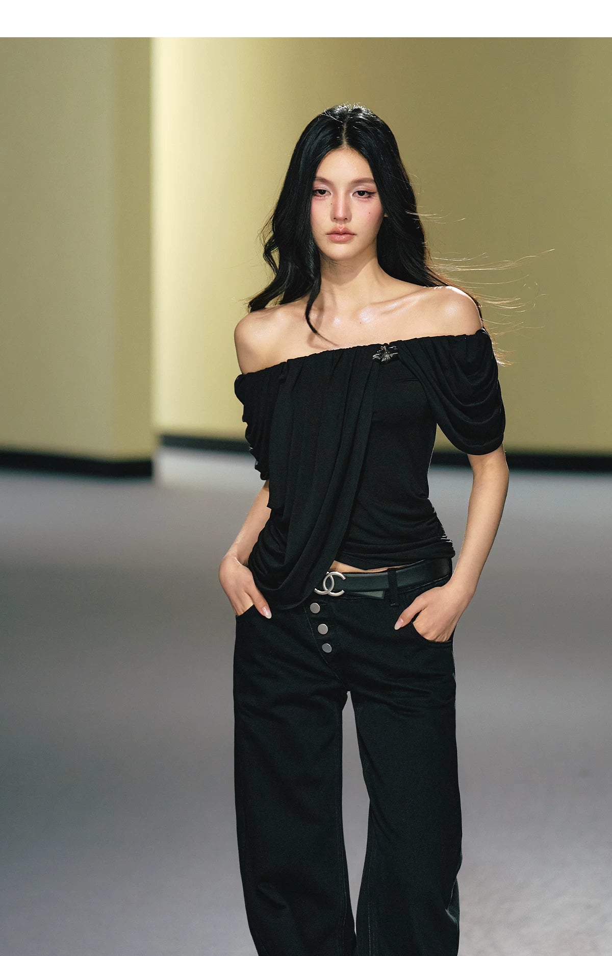 Off-Shoulder Draped Pleated Lyocell Top