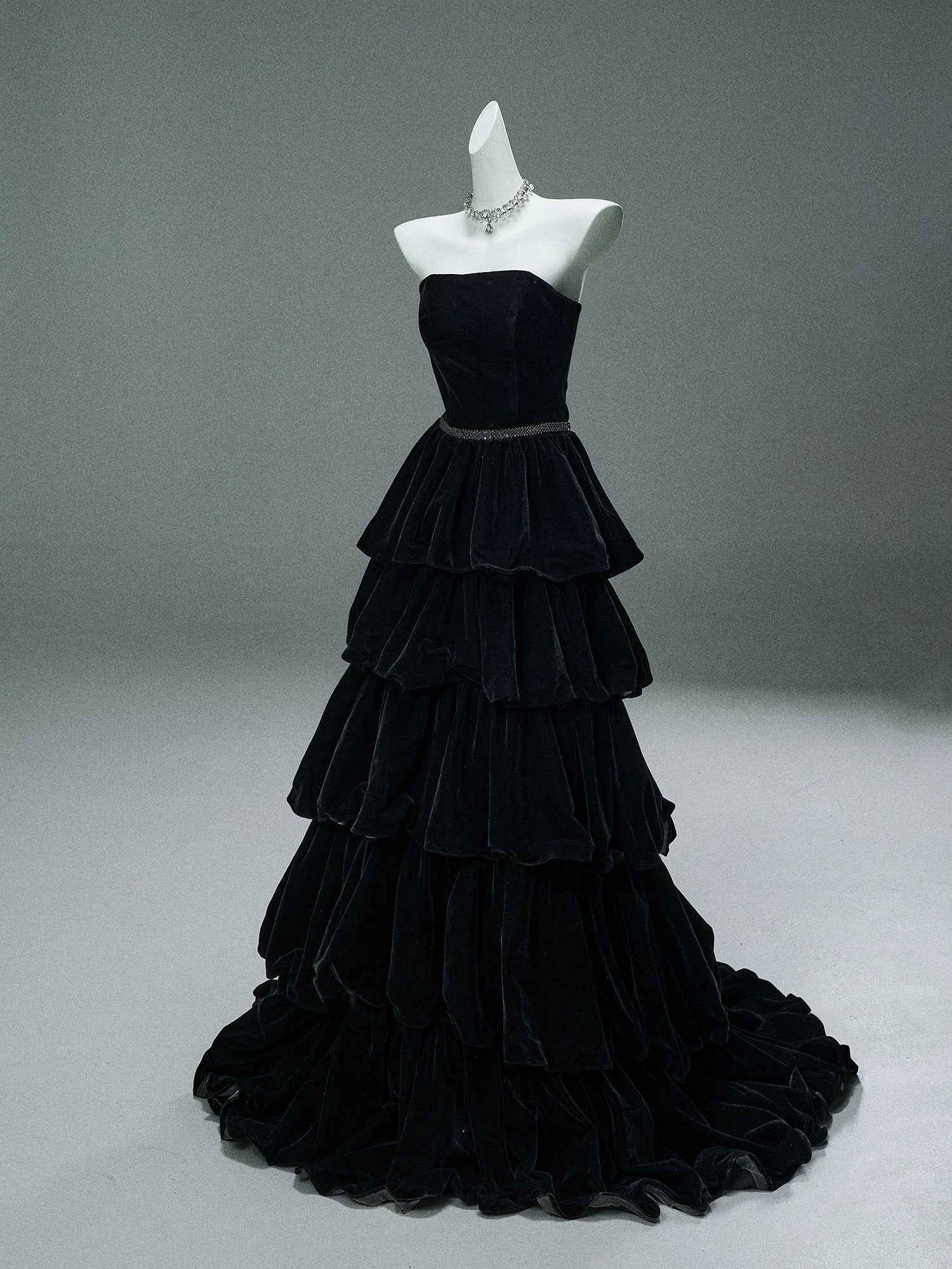 Ebony Zisel Tiered Velvet Couture Gown