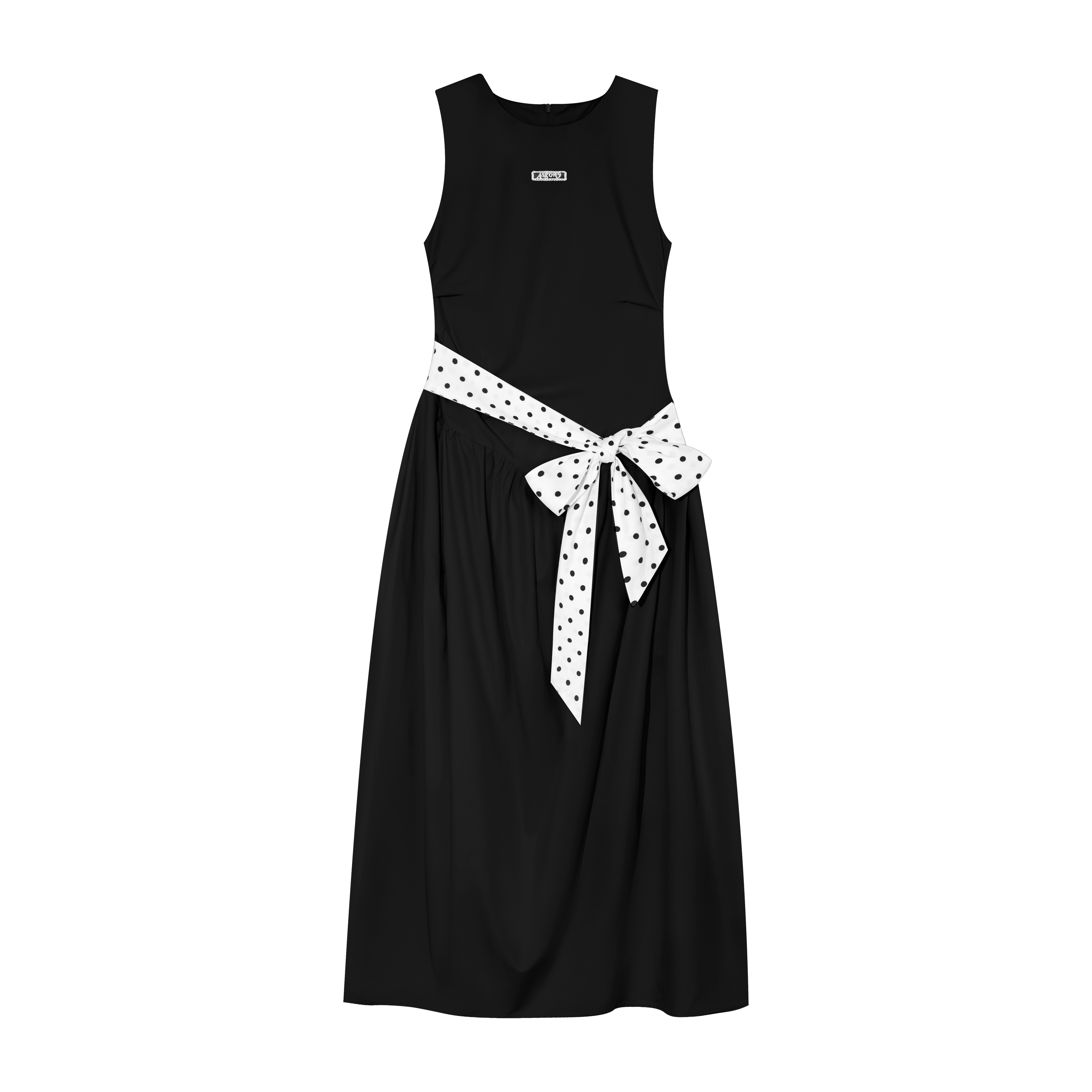 Polka-Dot Tie-Waist Sleeveless Midi Dress