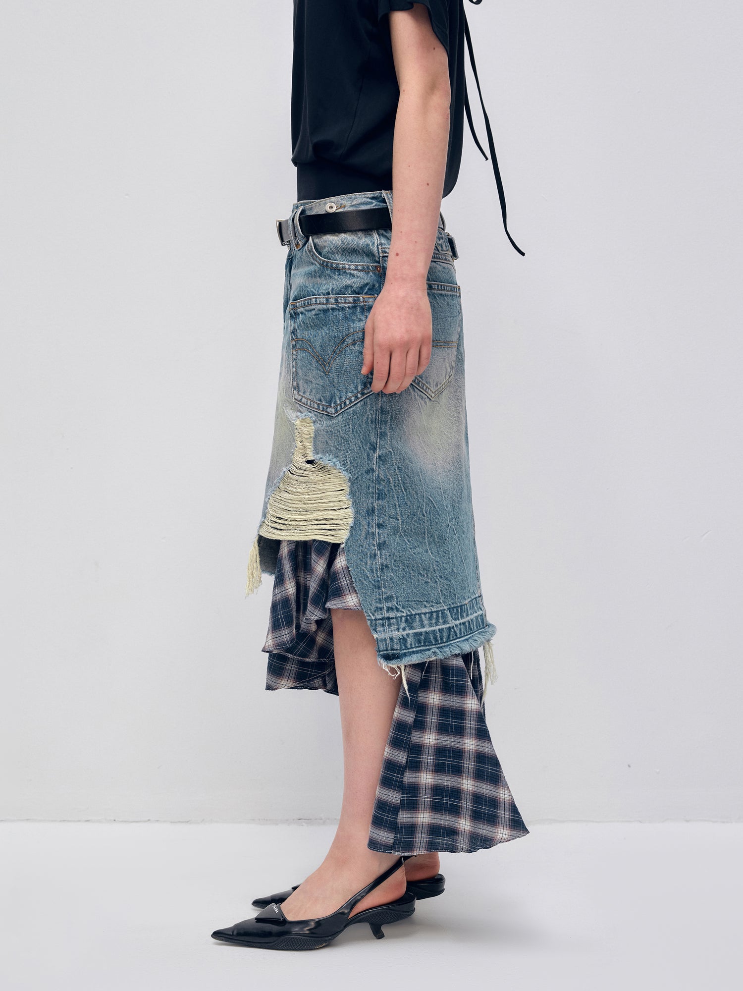 Irregular Denim Patchwork Plaid Fish Tail Skirt - CHINASQUAD