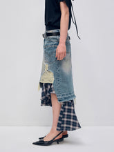Irregular Denim Patchwork Plaid Fish Tail Skirt - CHINASQUAD