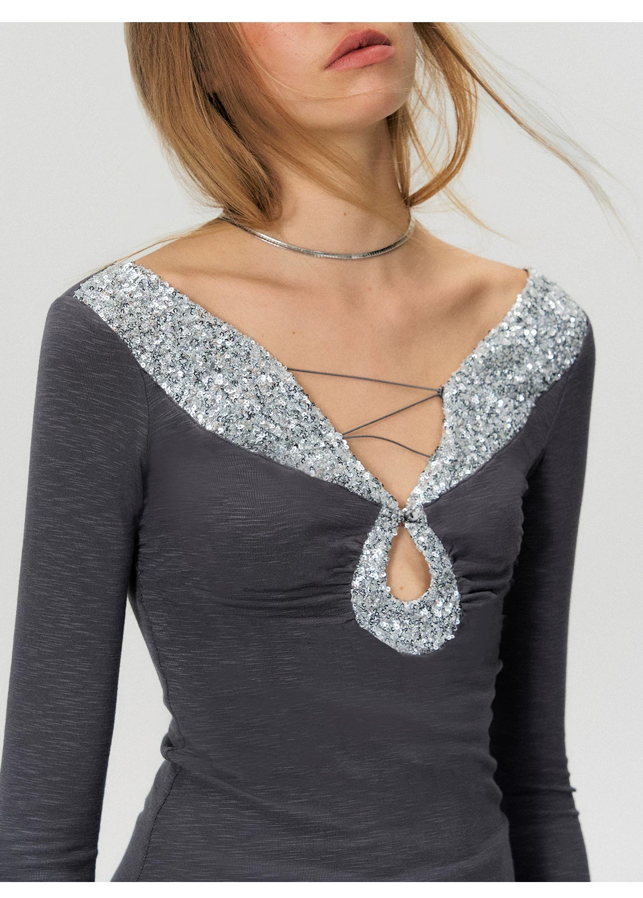 Cut-Out Lace-Up Slim Fit Long Sleeve Top