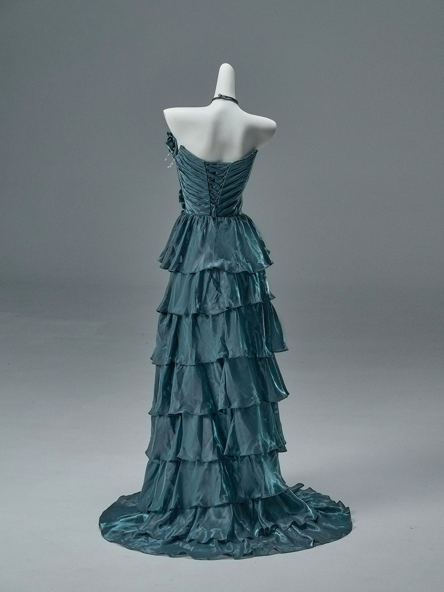 Bengi Midnight Teal Tiered Couture Gown
