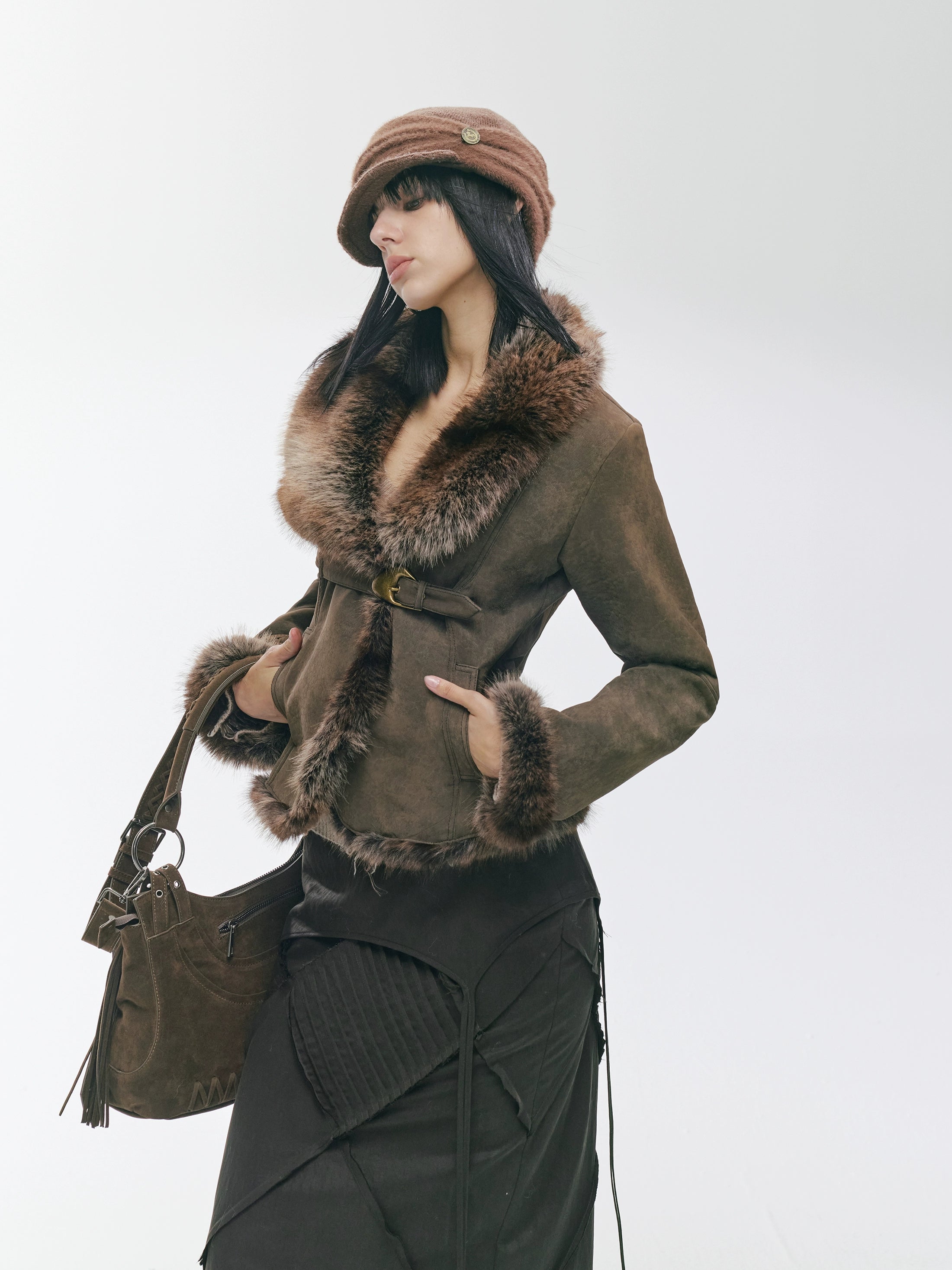 Vintage Asymmetric Shearling-Effect Suede Jacket