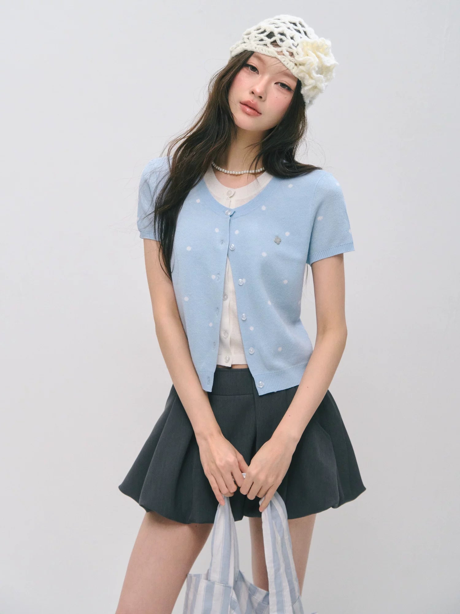 Polka Dot Layered Knit Short Sleeve Top