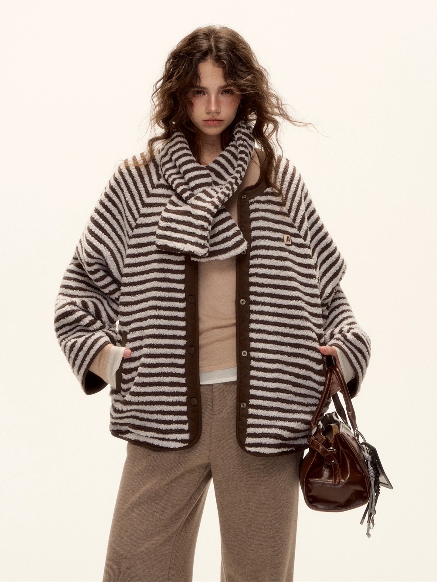 Reversible Striped Faux Scarf Detail Shearling Jacket