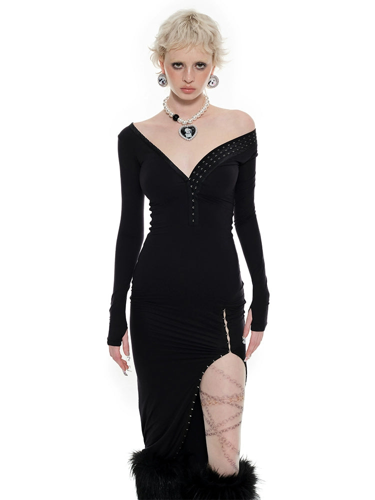 Black Long Sleeve Hook Dress - CHINASQUAD