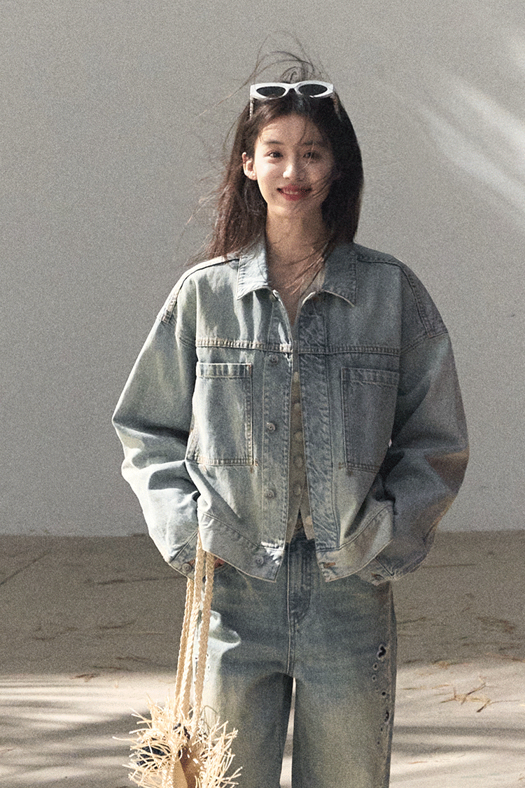 Washed Straight-Leg Wide Denim Pants