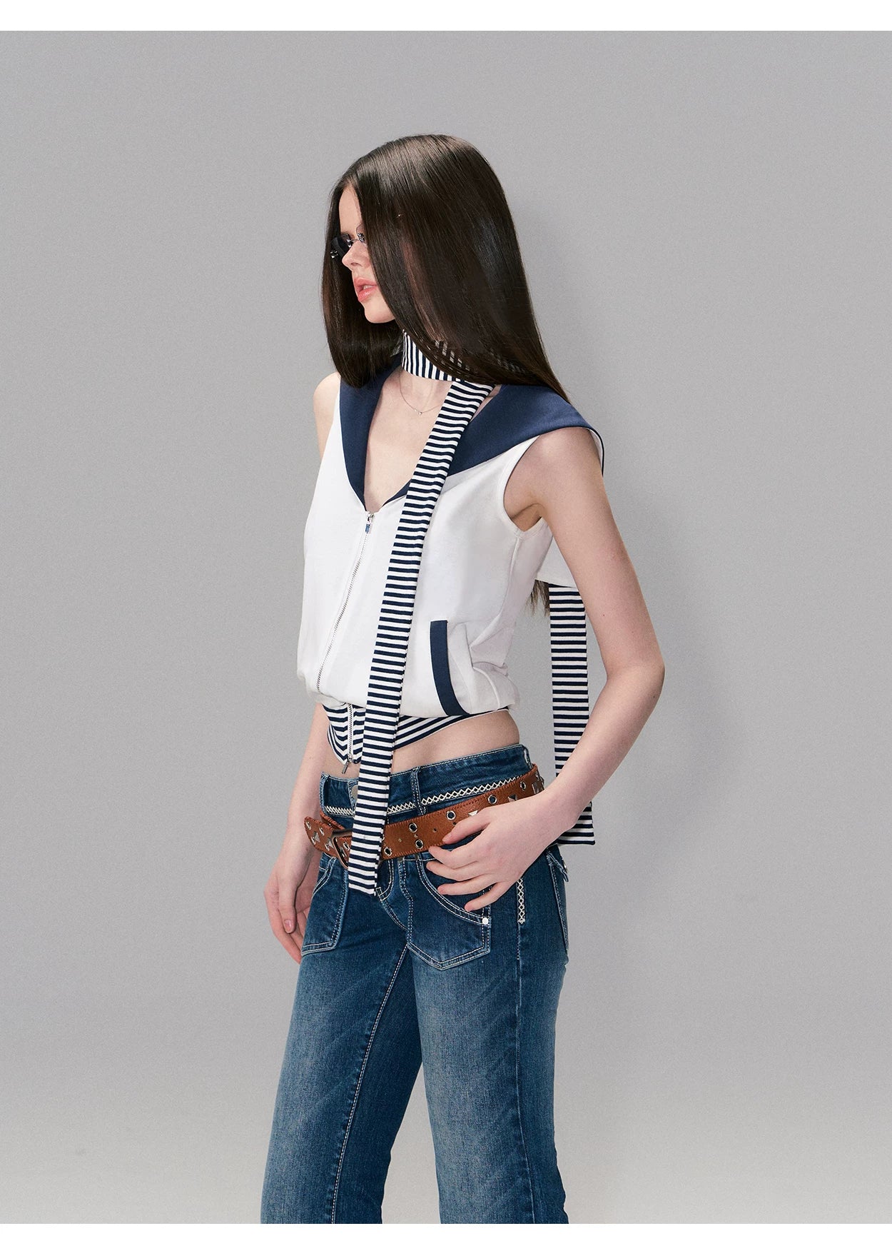 Color-Block Nautical Sailor Collar Sleeveless Top