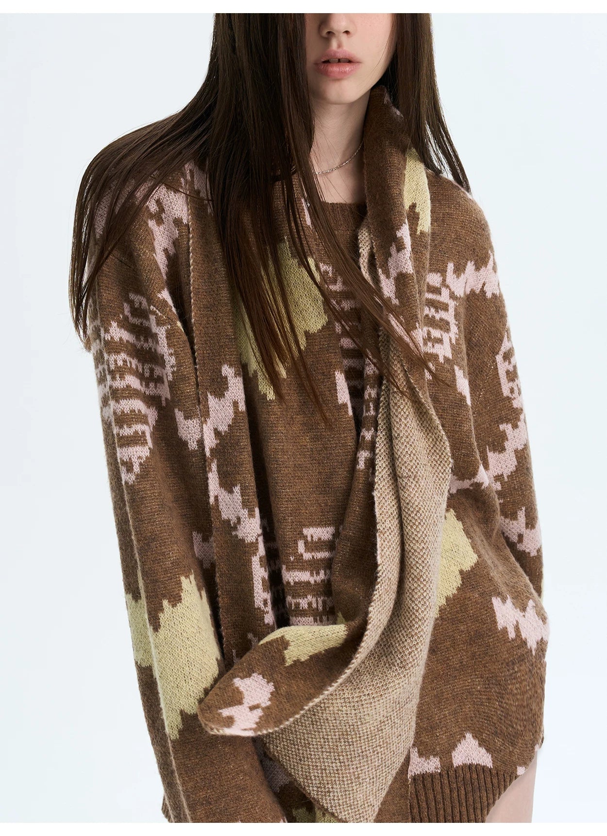 Retro Pixel Jacquard Knit Sweater & Scarf Set