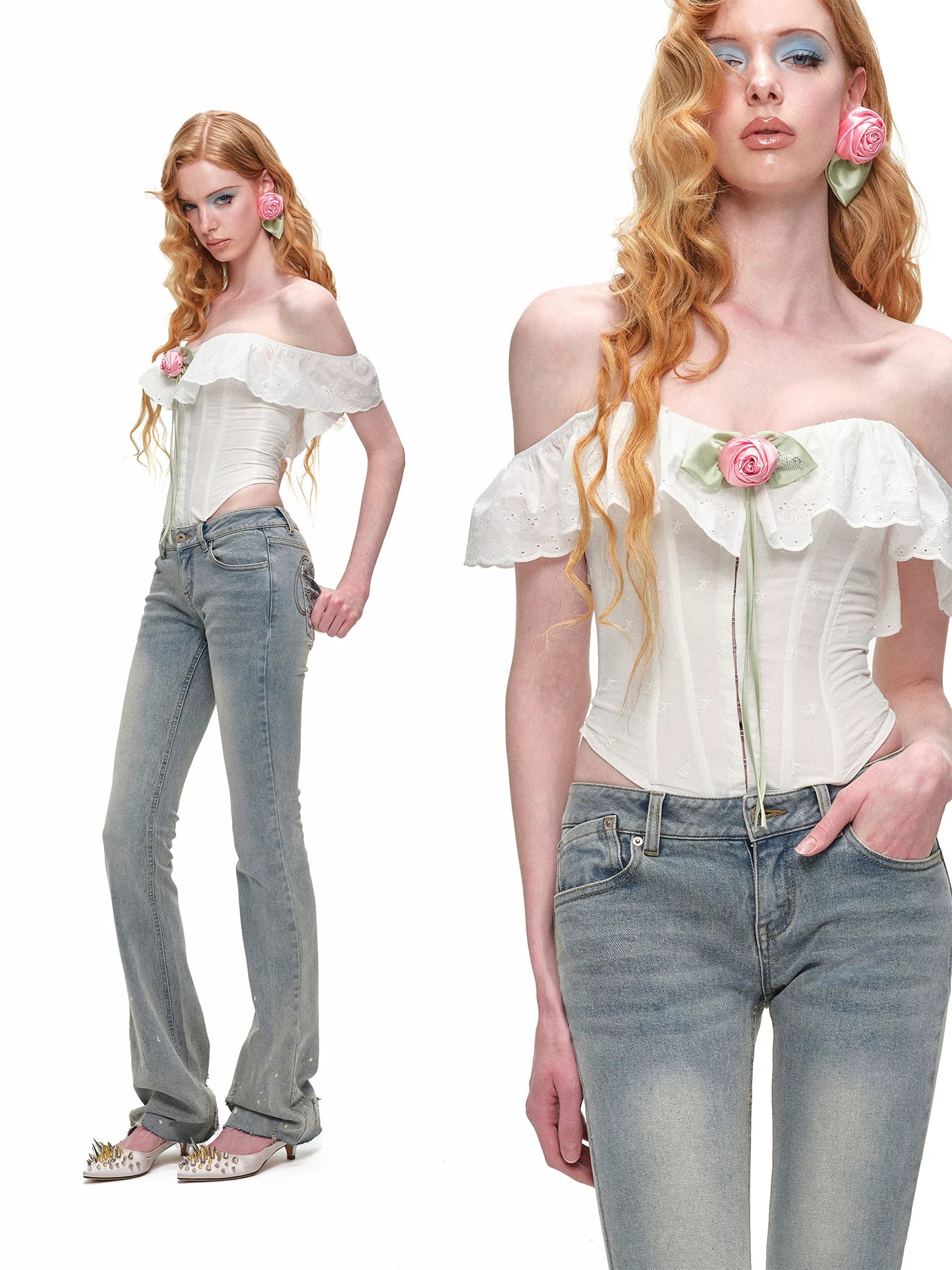 Vintage Ink-Splatter Embroidered Low-Rise Flared Jeans 1Jinn Studio