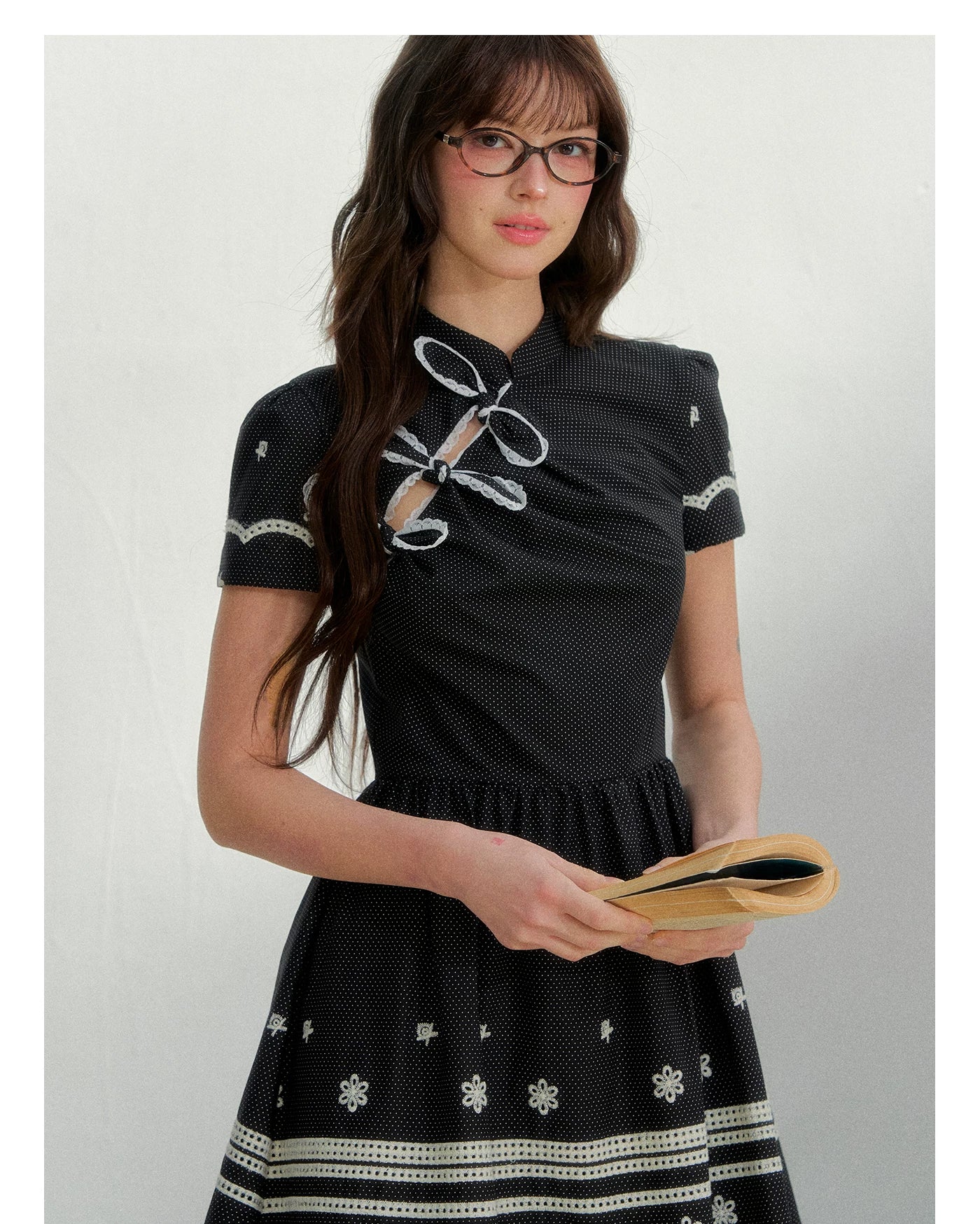 Polka Dot Embroidered Bow Cheongsam Dress
