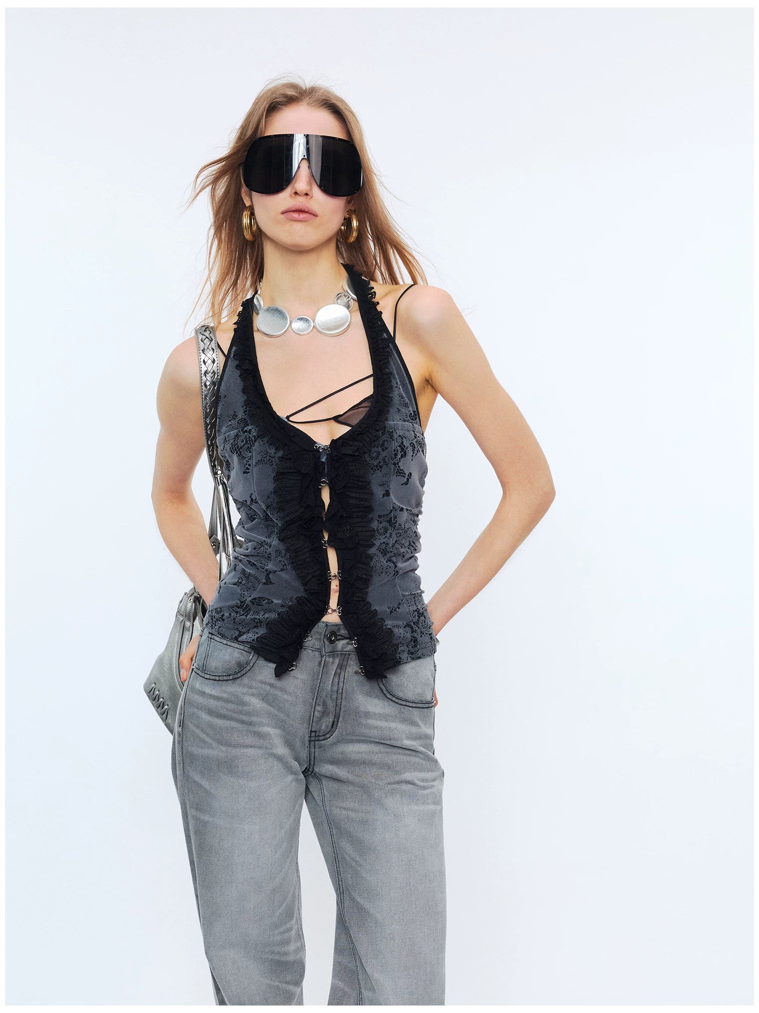 Lace Ruffle Floral Halterneck Camisole