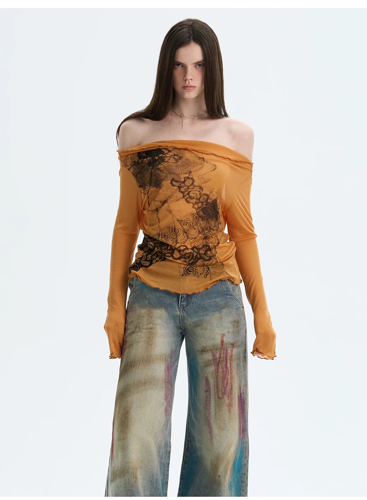 Lyocell Off-Shoulder Knit Crewneck