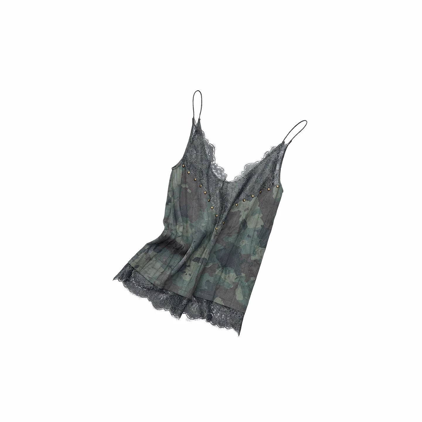 Camouflage V-Neck Lace-Trim Rhinestone Camisole - CHINASQUAD