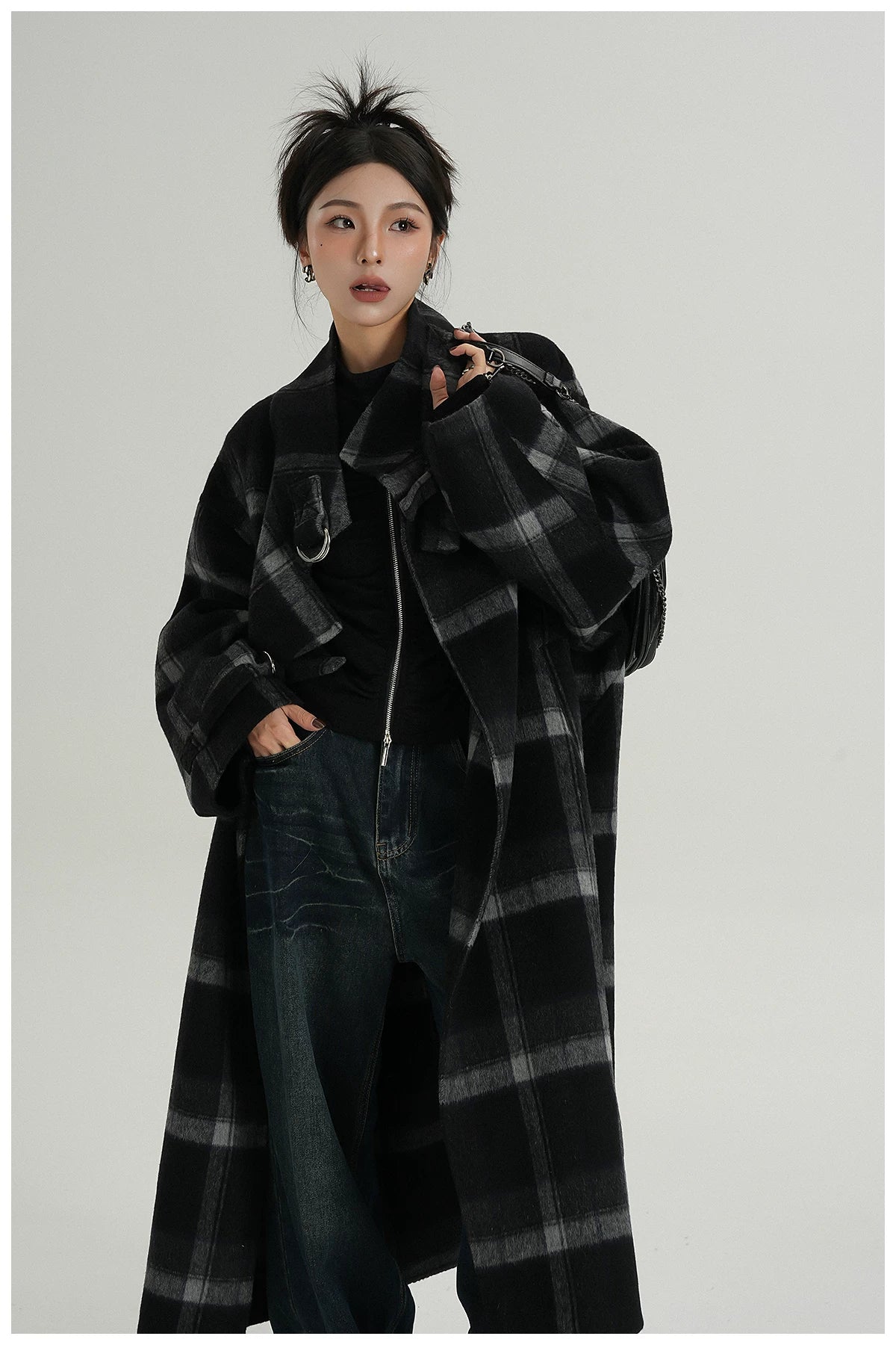 Plaid Stand-Collar Double-Faced Wool Coat