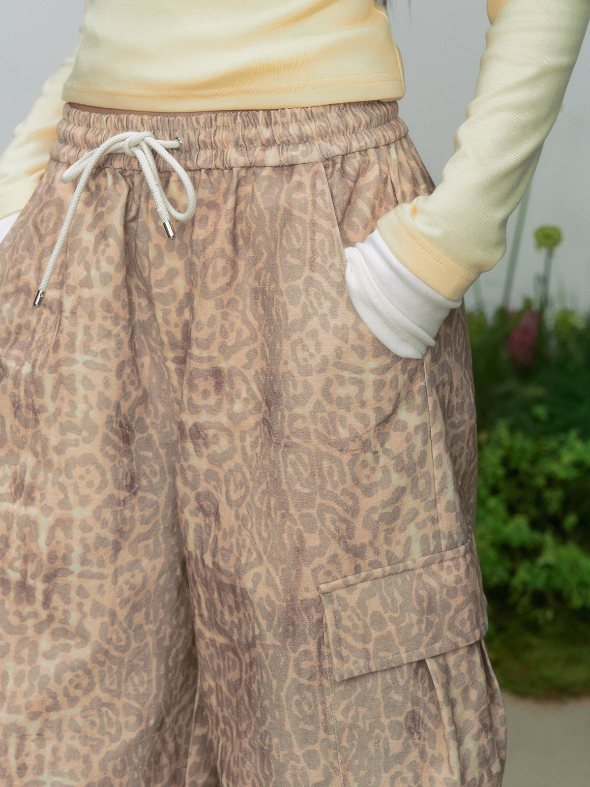Leopard Print Cargo Drawstring Wide-Leg Pants - CHINASQUAD