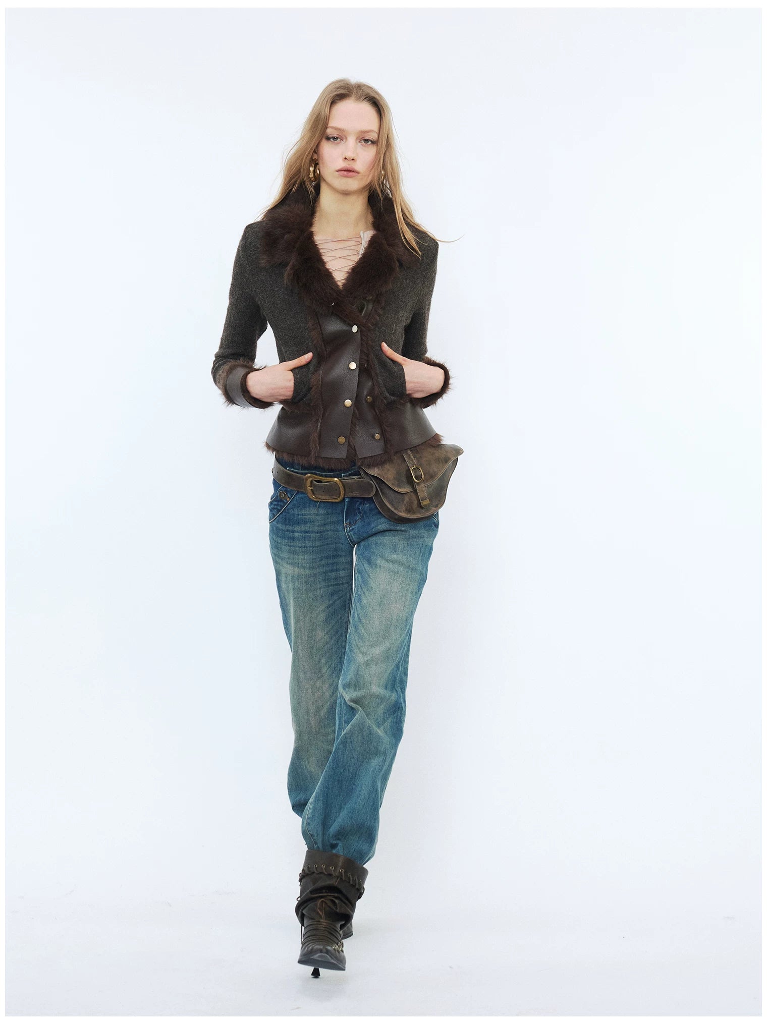 Knit Panel Faux Fur Cardigan Jacket