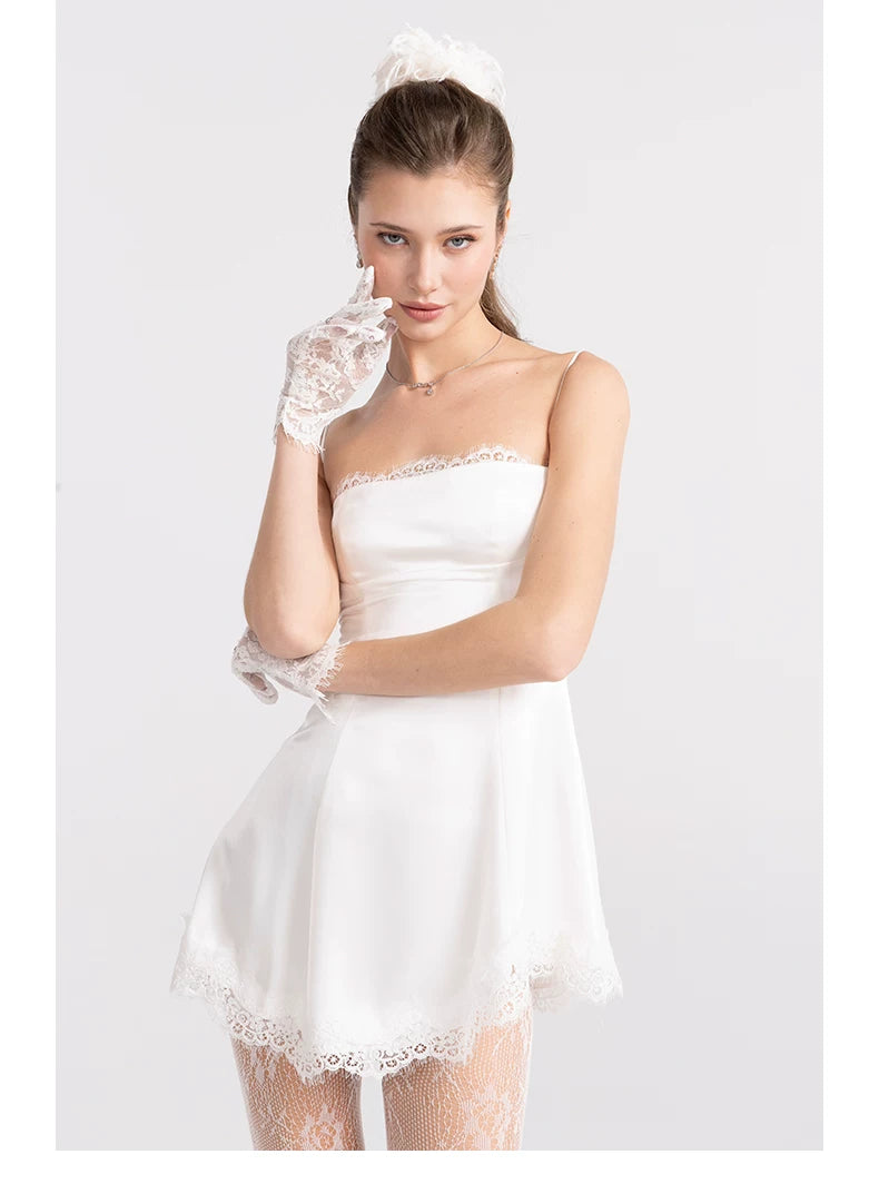 Lace-Trim Satin Fit-and-Flare Mini Dress