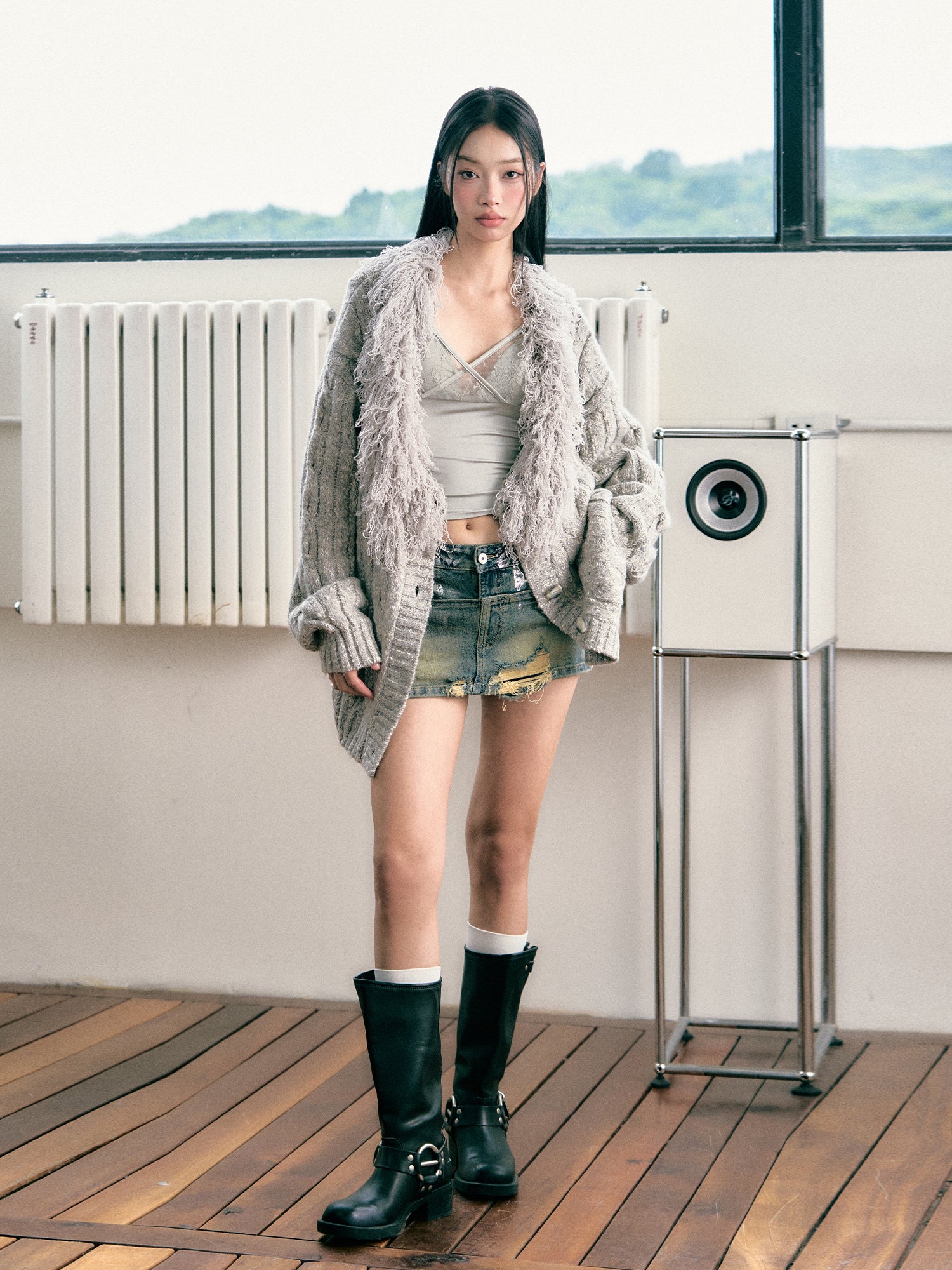 Grey & Khaki Frayed Edge Cardigan - CHINASQUAD