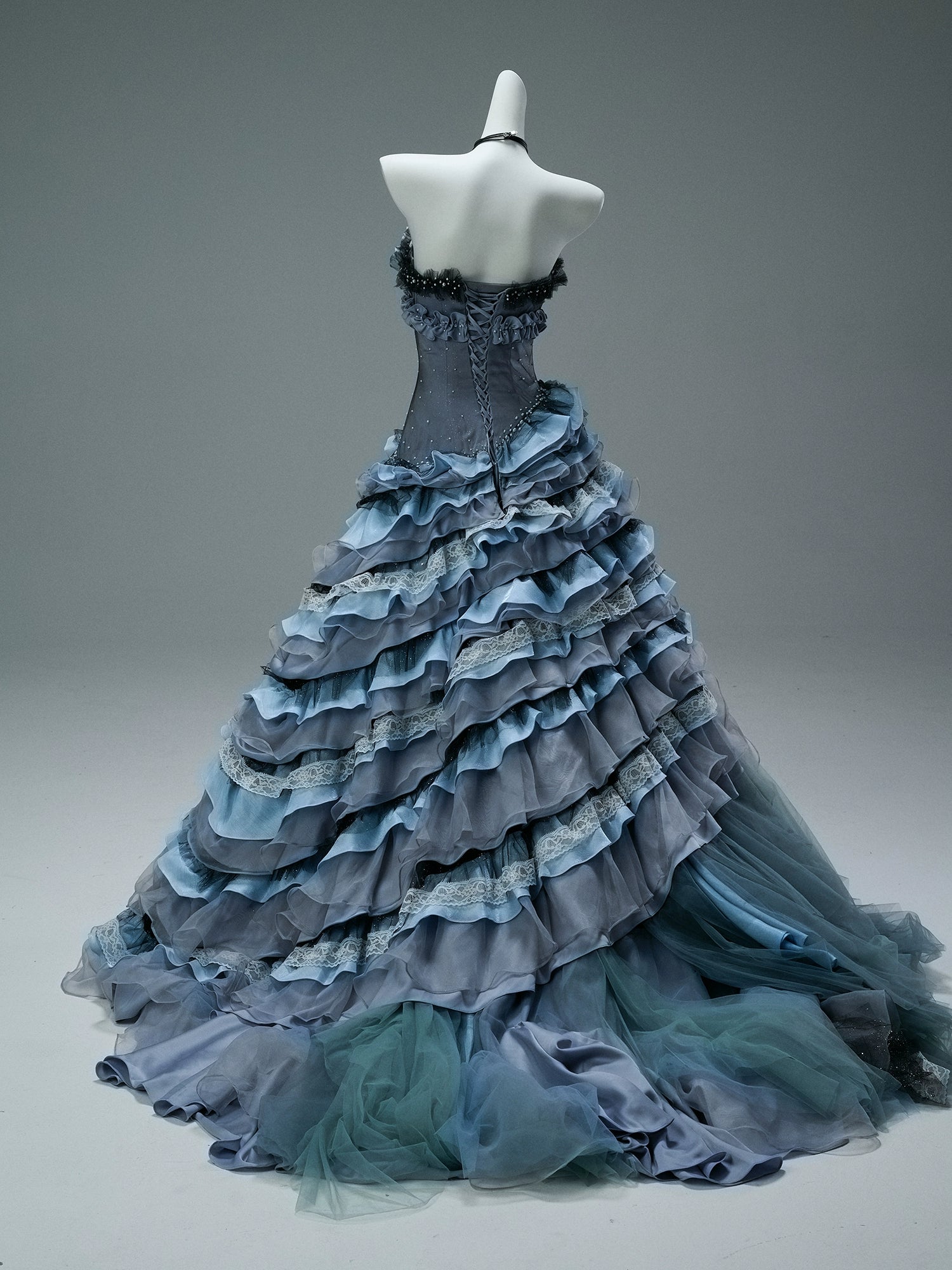 Nightscape Ruffled Tulle Gown with Floral Embellishments