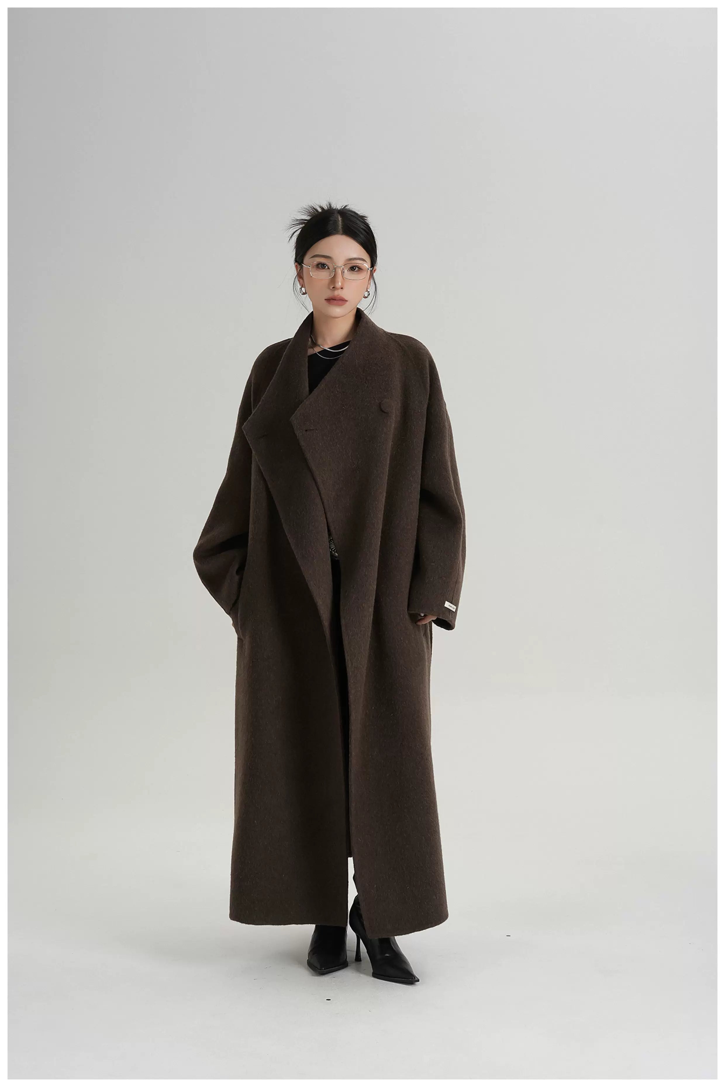 Asymmetric Button Long Wool Coat