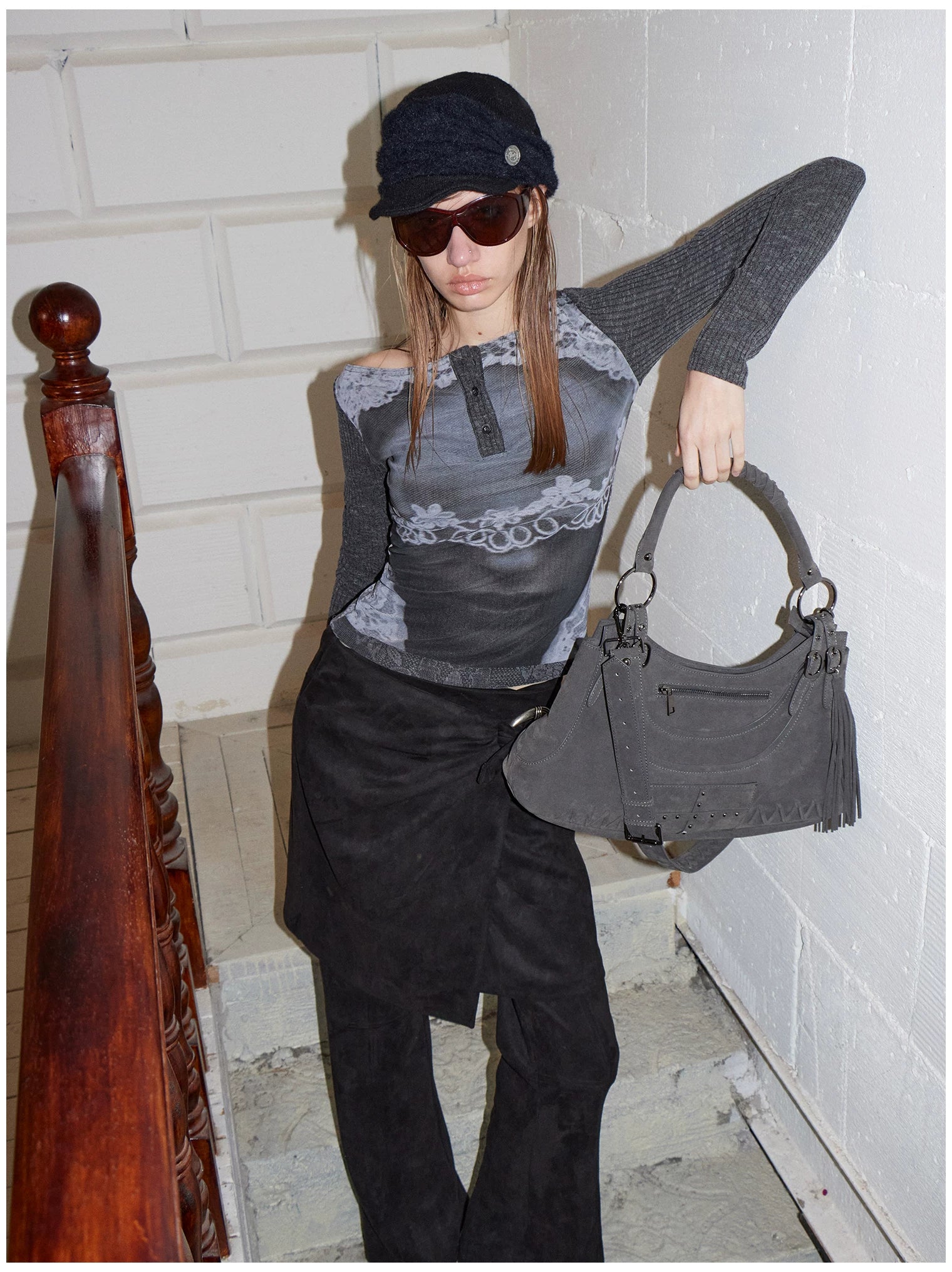 Reversible Face Print Henley Studded Sleeve Base Top