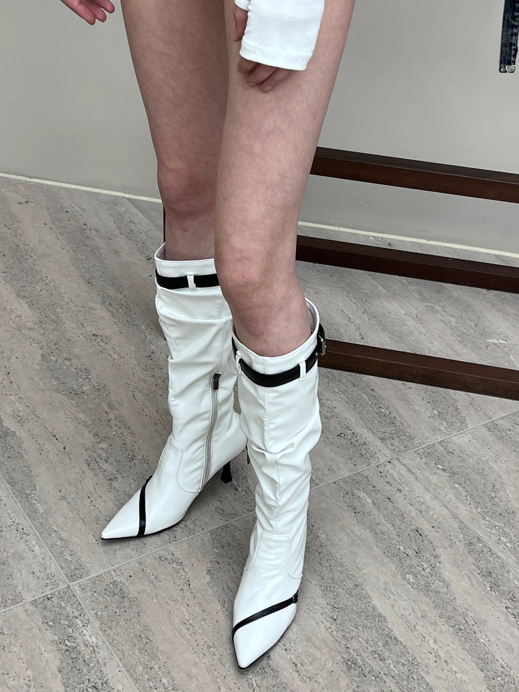 Contrast Pointed-Toe Stiletto Knee-High Boots