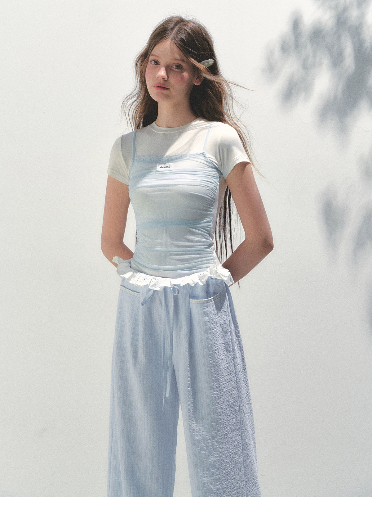 Contrast Color Fake Two-piece Mesh Lace Short-sleeve T-shirt