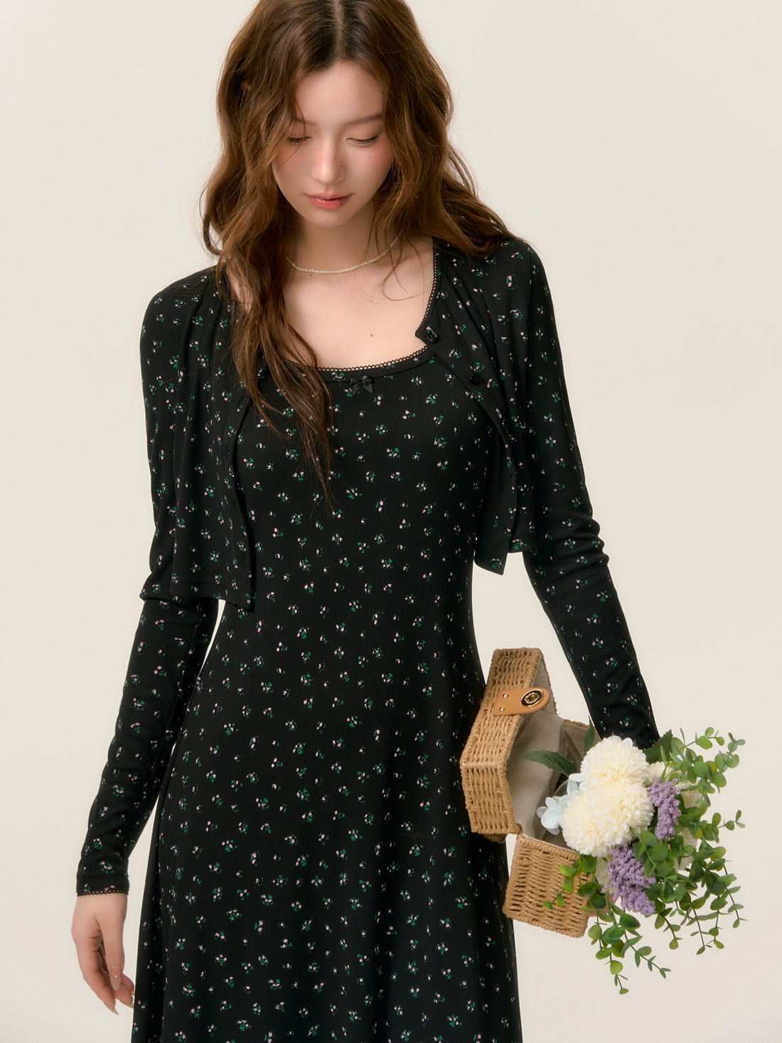 Dropped Shoulder Floral Knit Dress & Cardigan Set - CHINASQUAD