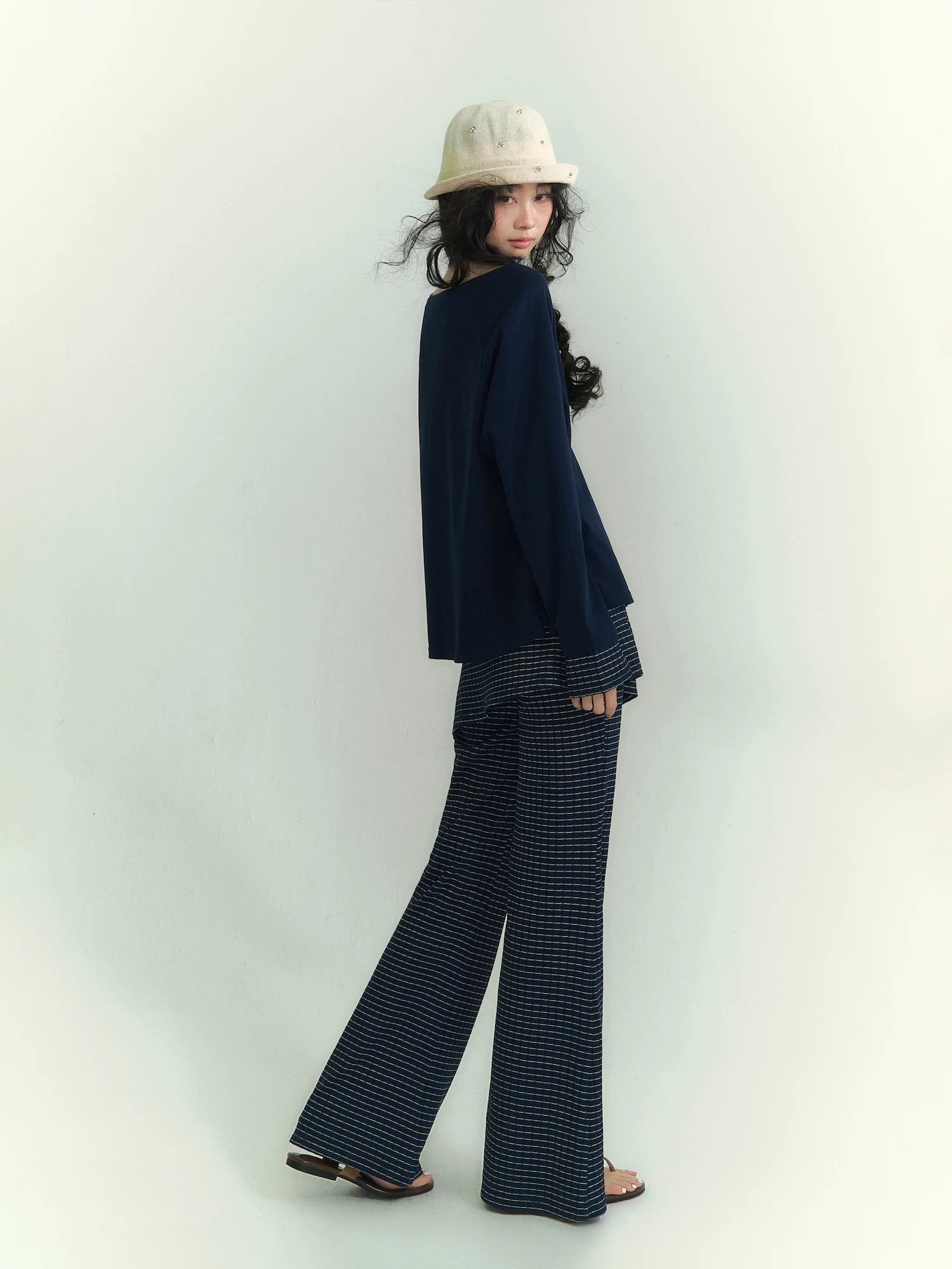 Patchwork Striped Henley Long Sleeve T-Shirt & Layered Knit Flared Skirt Pants Set