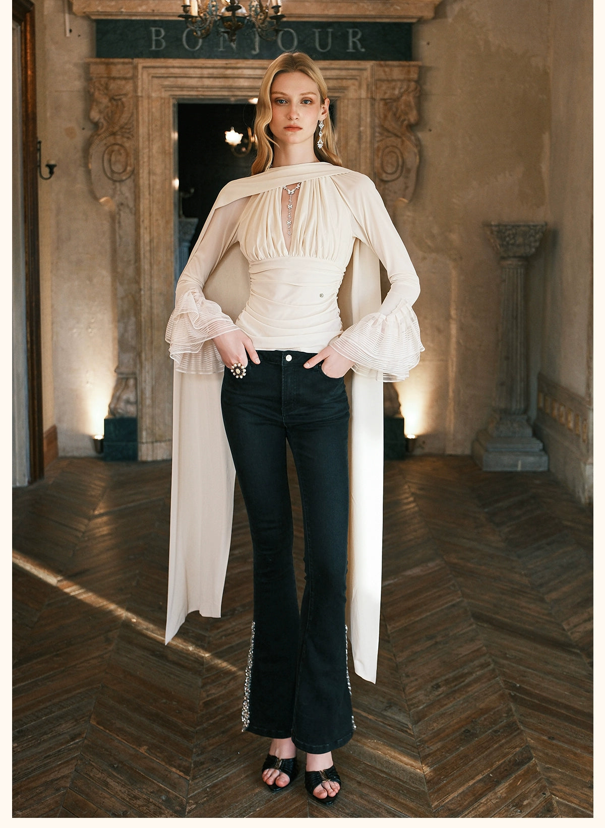 Nina Halter V-Neck Slim Tie Detail Crop Blouse - CHINASQUAD