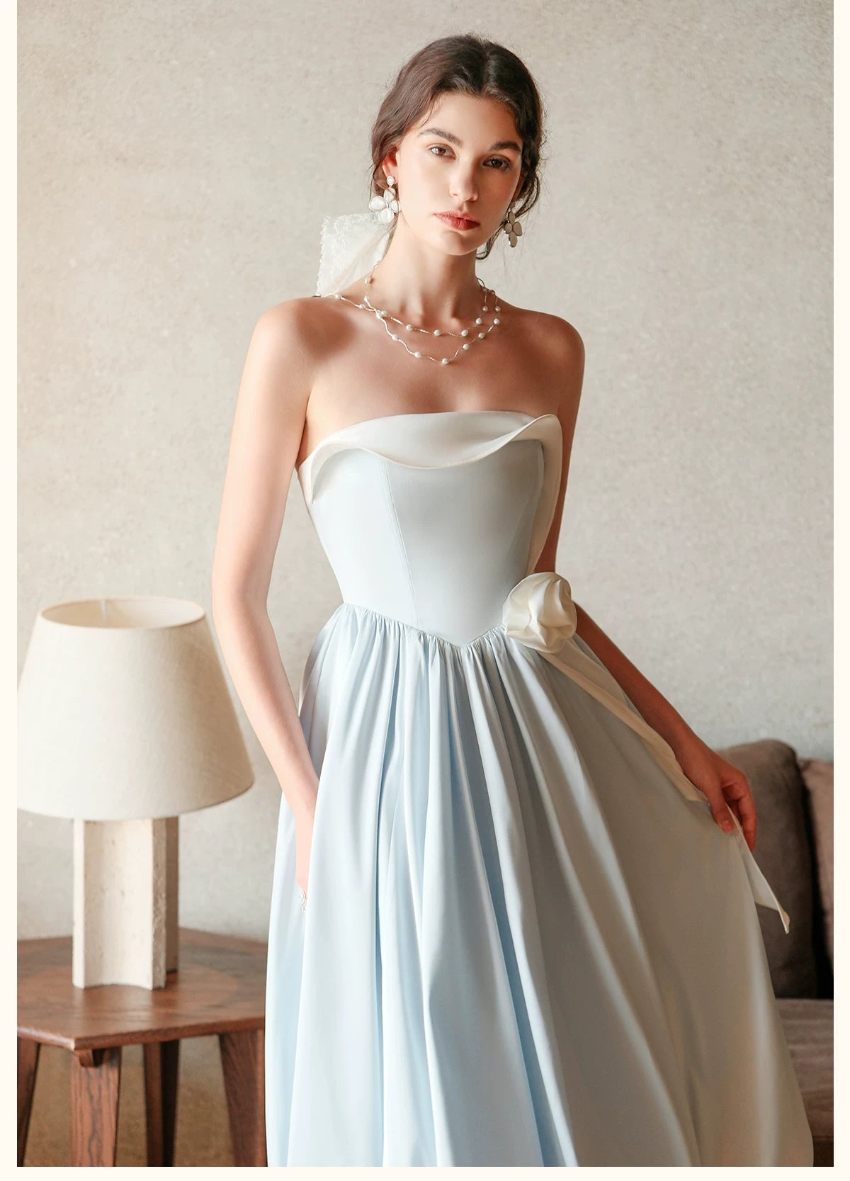Satin Floral Bubble Hem Strapless Dress