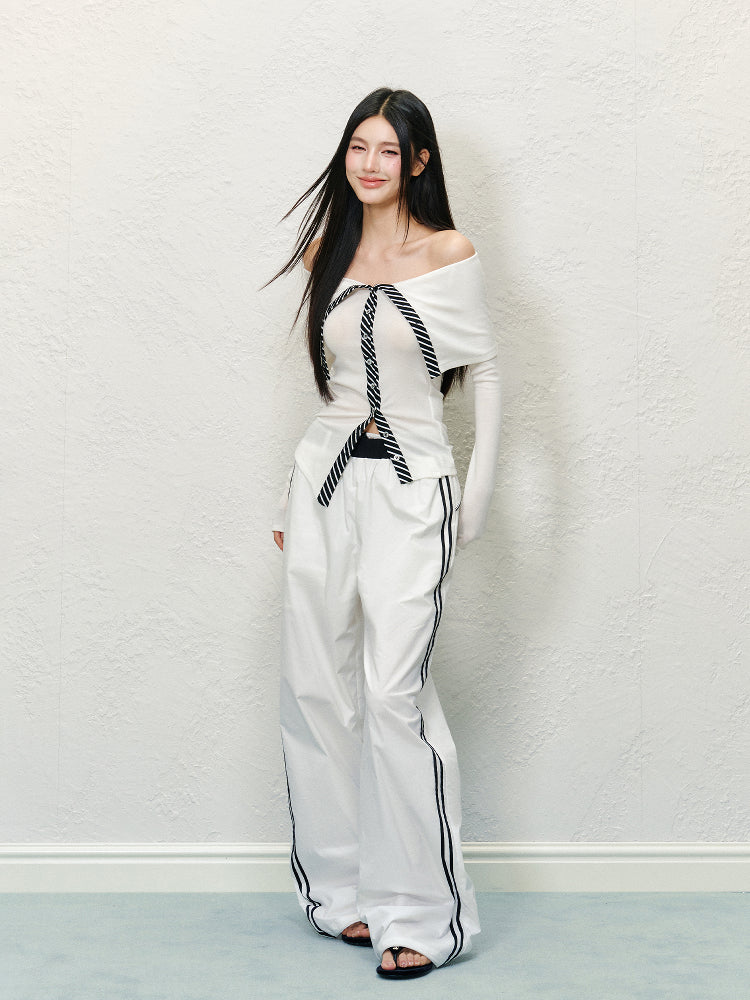 Striped Colorblock Off-Shoulder Long Sleeve T-shirt - CHINASQUAD