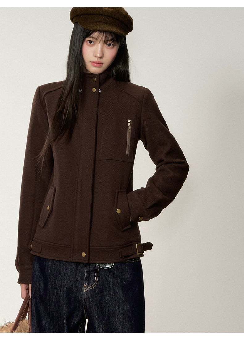 Brown Faux Fur Collar Slim Wool Jacket - CHINASQUAD