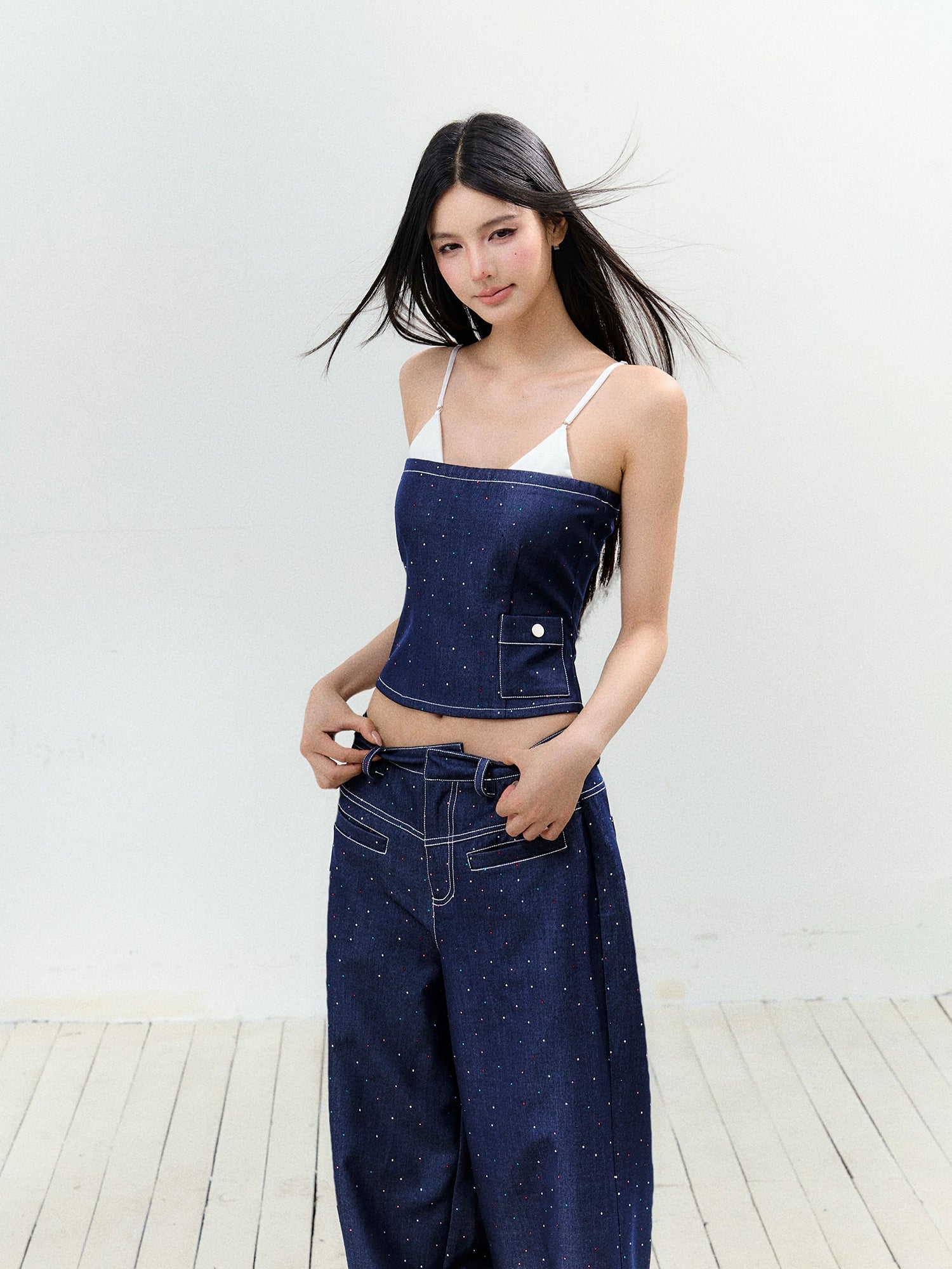 Fake Two-Piece Rhinestone Halter Top & Pant Set - CHINASQUAD