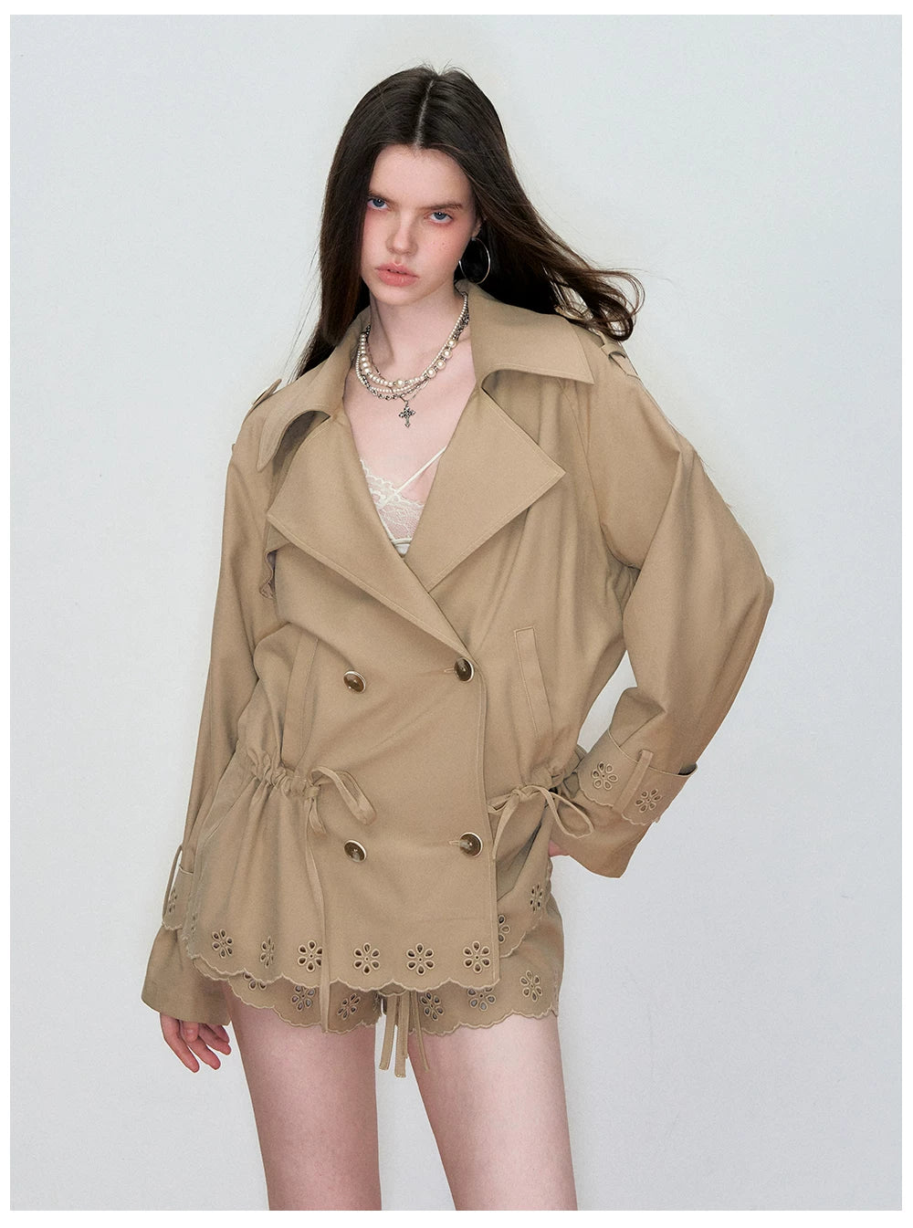 Double-Waistband Embroidered Straight Shorts