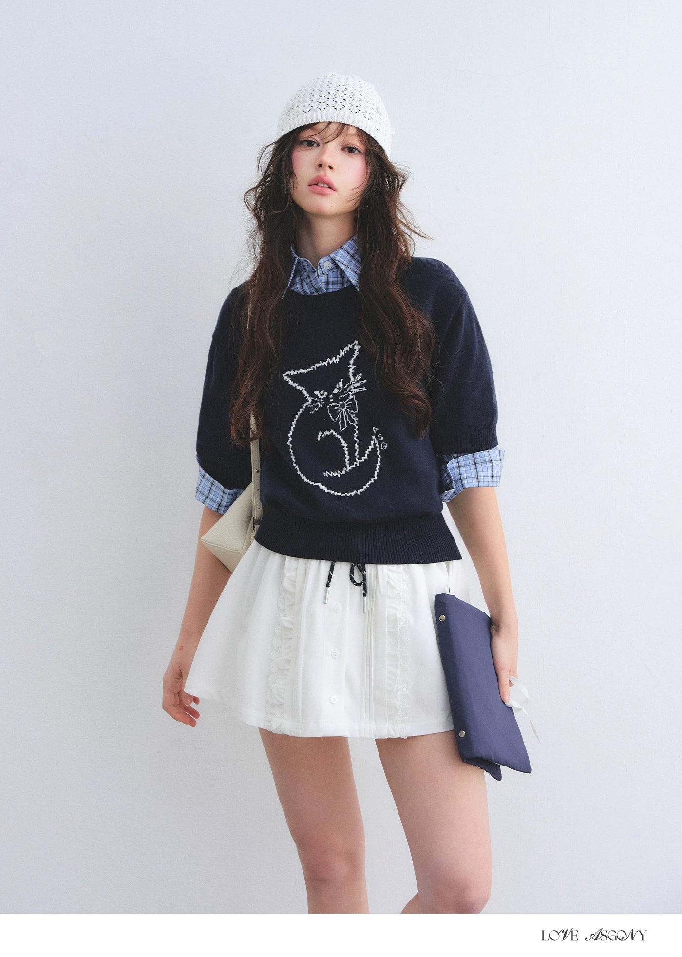 Jacquard Cat Motif Short Sleeve Knit Top