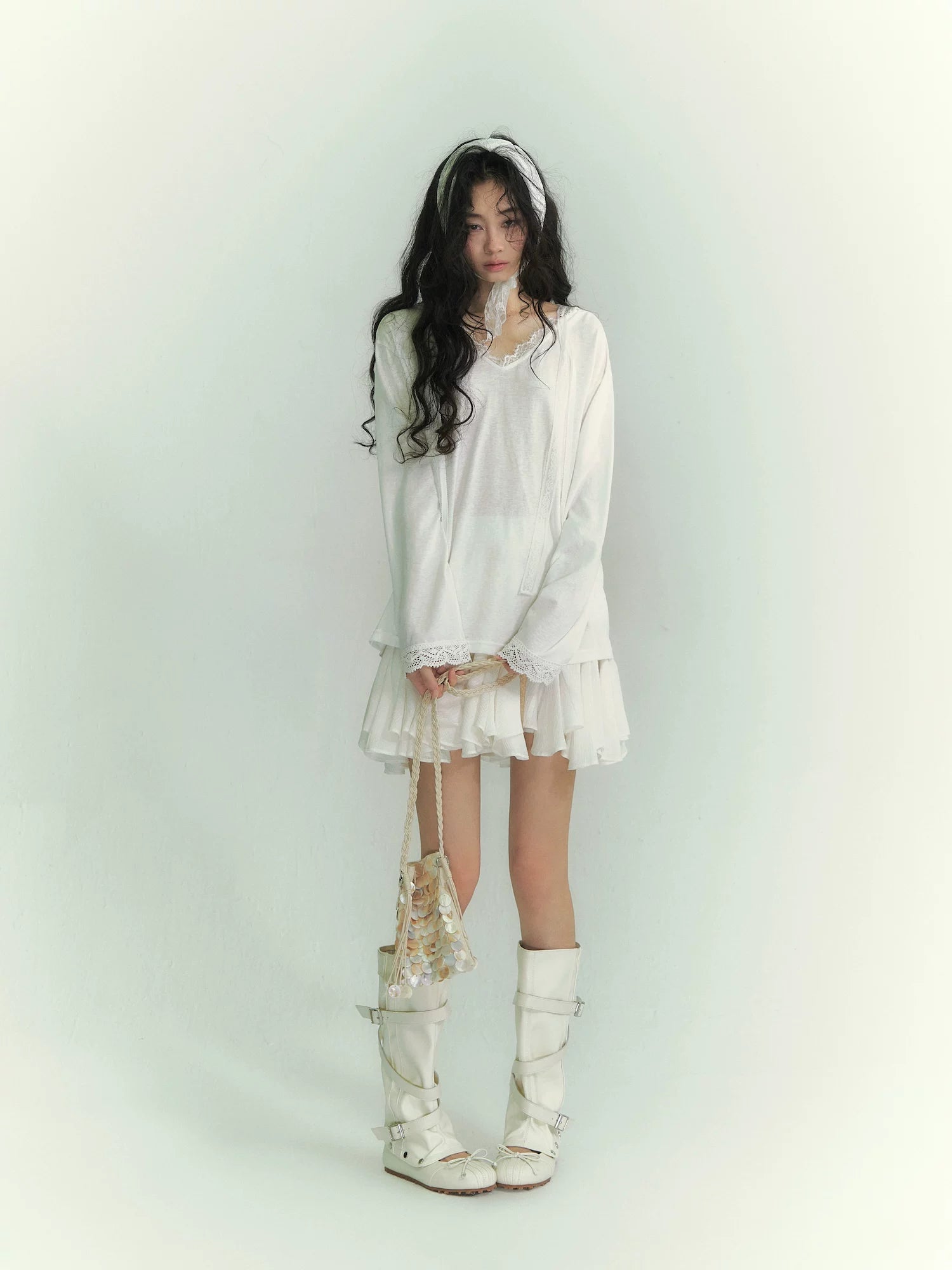 Lace Panel Tie-Detail Hooded Blouse