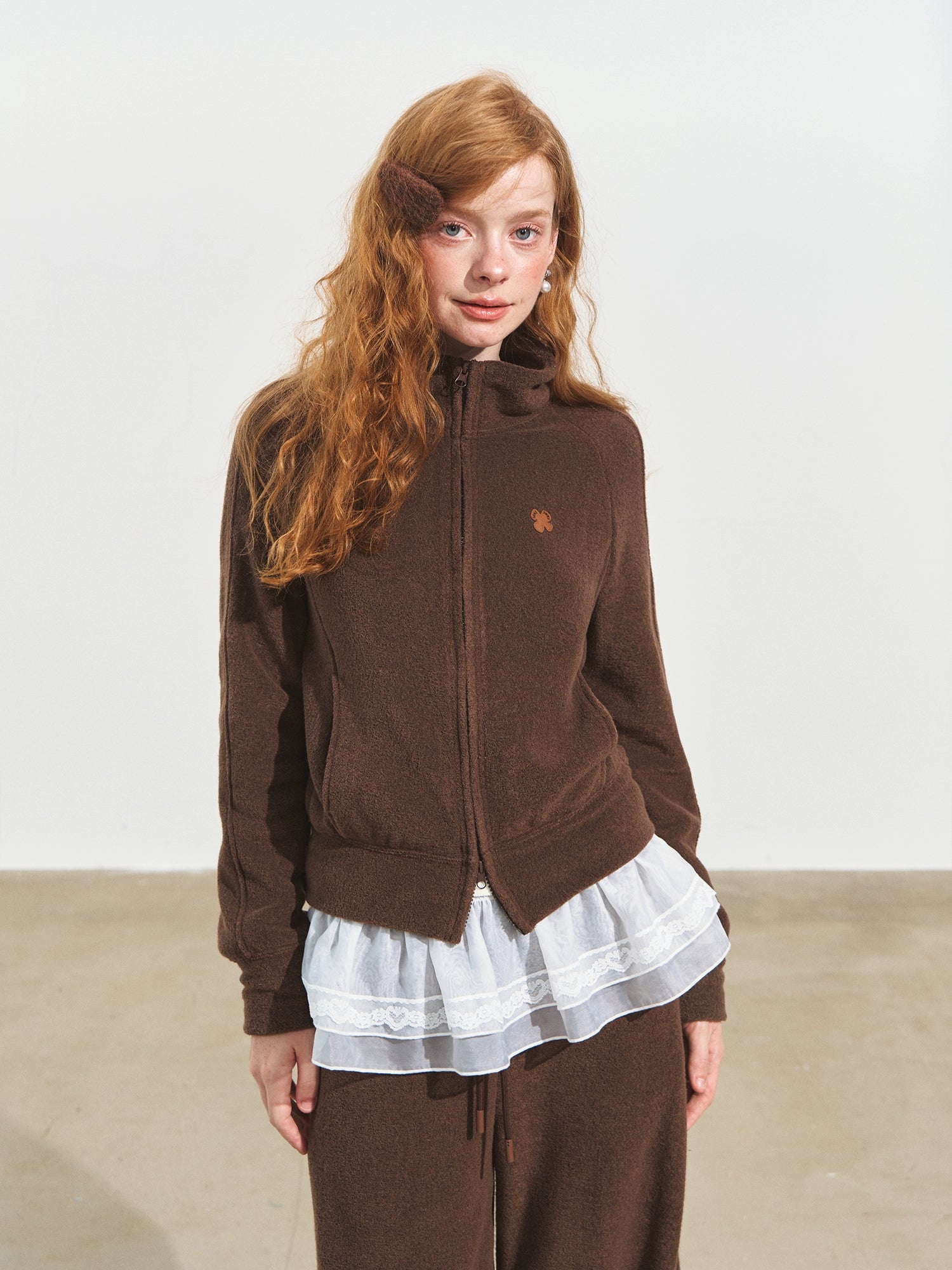 Plush Terry Fleece High-Neck Zip-up Sweatshirt & Banana Pants Set - CHINASQUAD