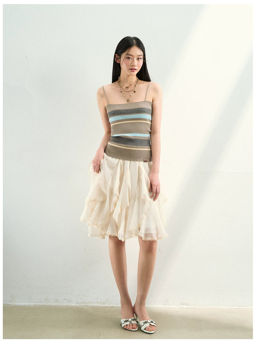 Knit Cardigan & Striped Camisole Two-Piece Set