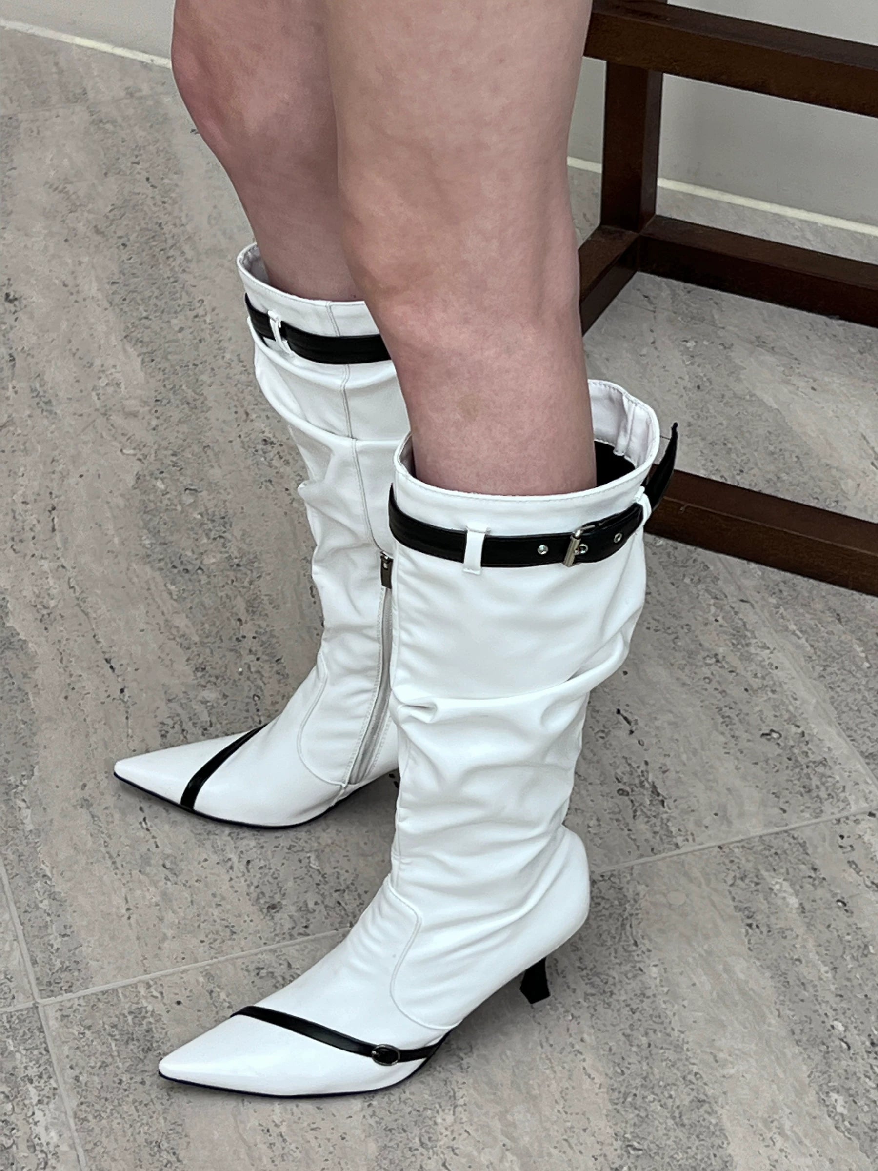 Contrast Pointed-Toe Stiletto Knee-High Boots