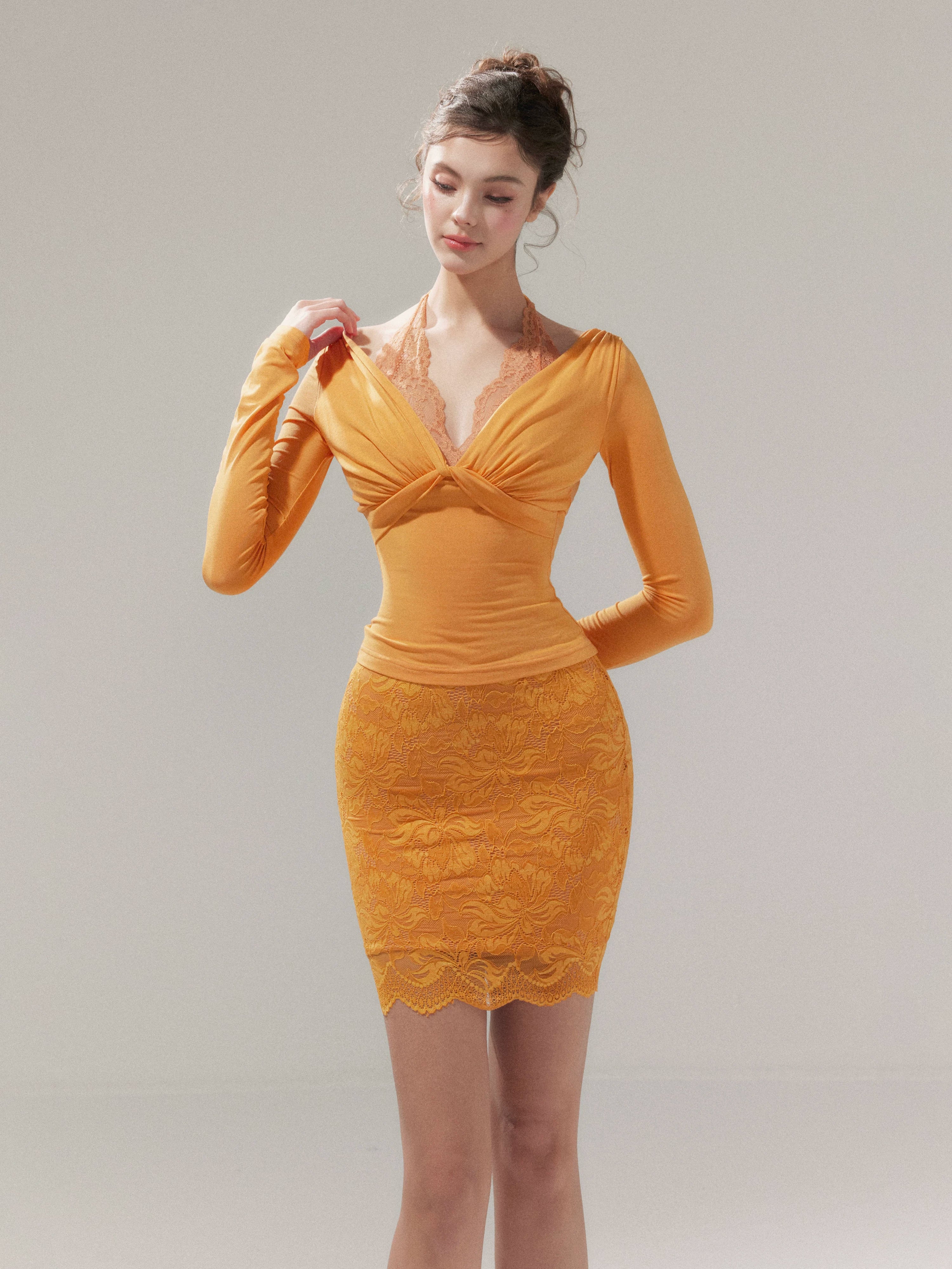 Lace Layered Knit Top & Bodycon Mini Skirt Set