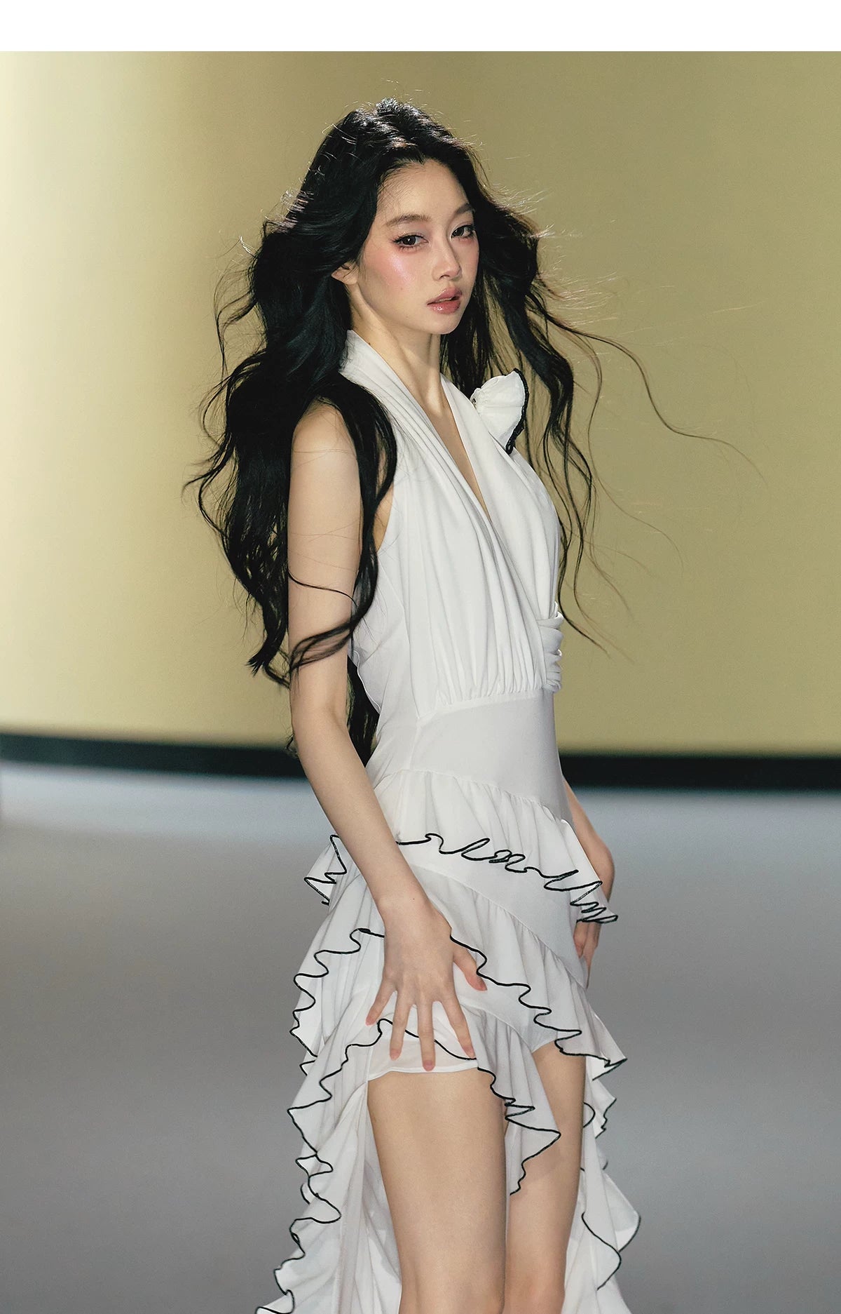 Rose Appliqué Asymmetrical Halterneck Dress