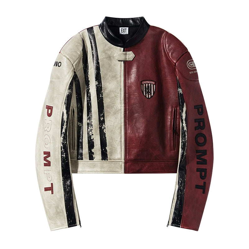 Distressed Contrast Leather Sports Jacket - CHINASQUAD