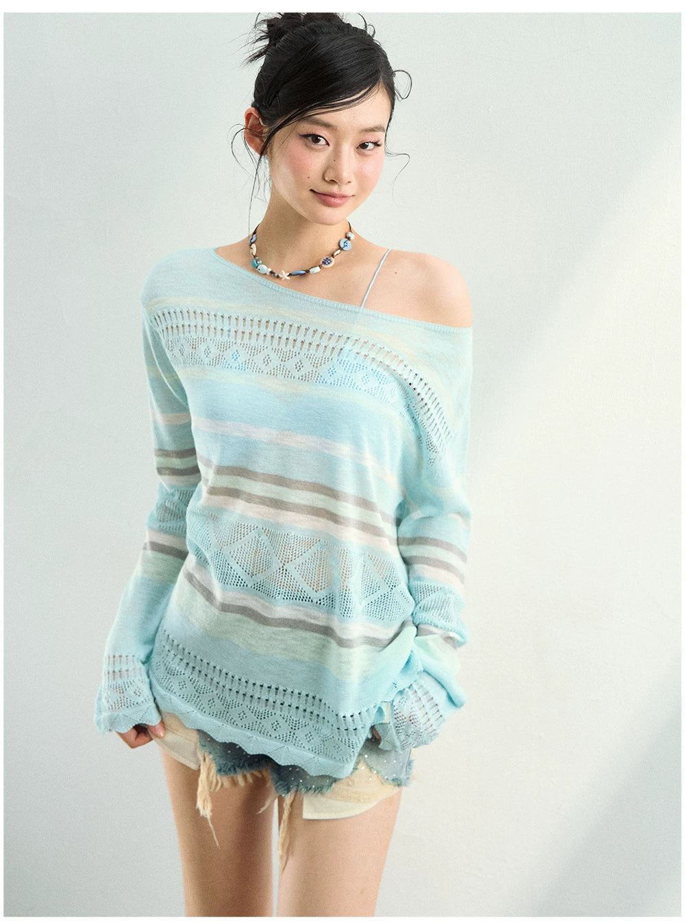 Color-Block Open Knit Stripe Blouse