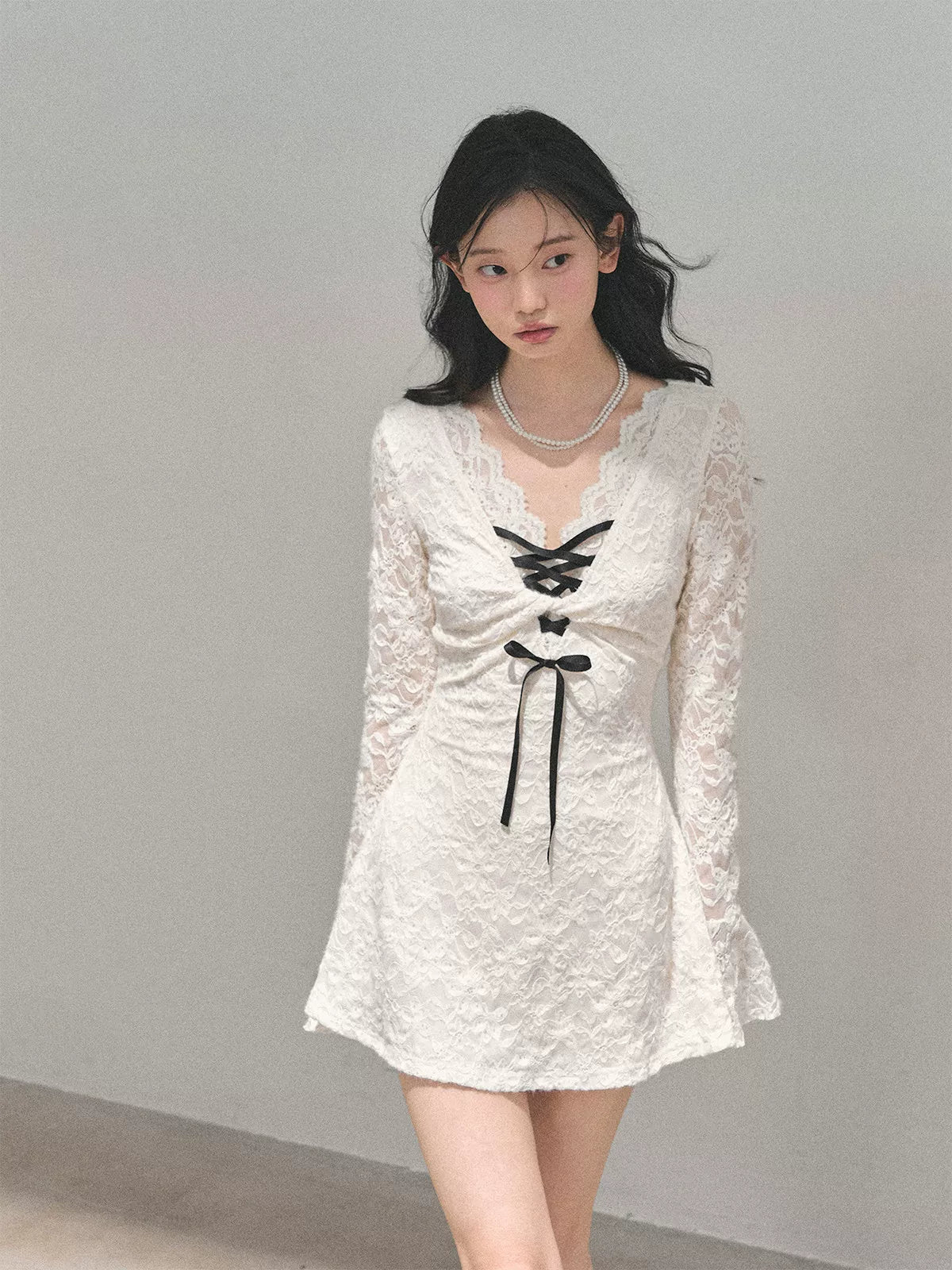 Lace Puff-Skirt V-Neck Mini Dress