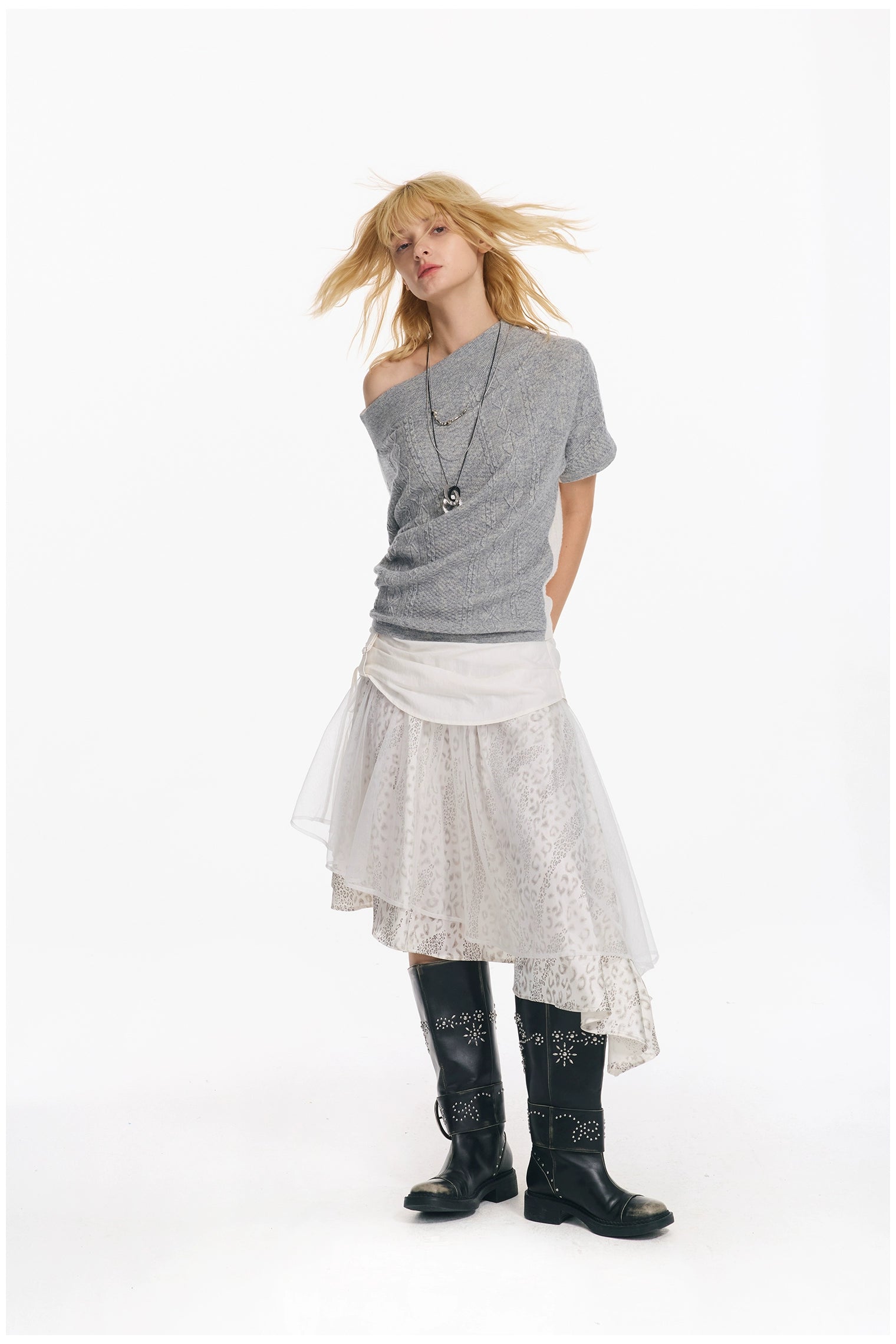 Diagonal Bat-Sleeve Knit Crewneck