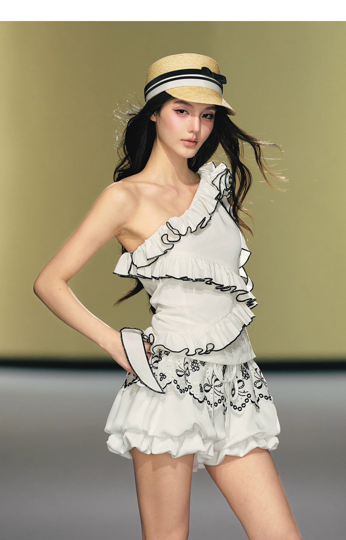 Asymmetric Rose-Trim Layered Top & Puff Bloomers Set